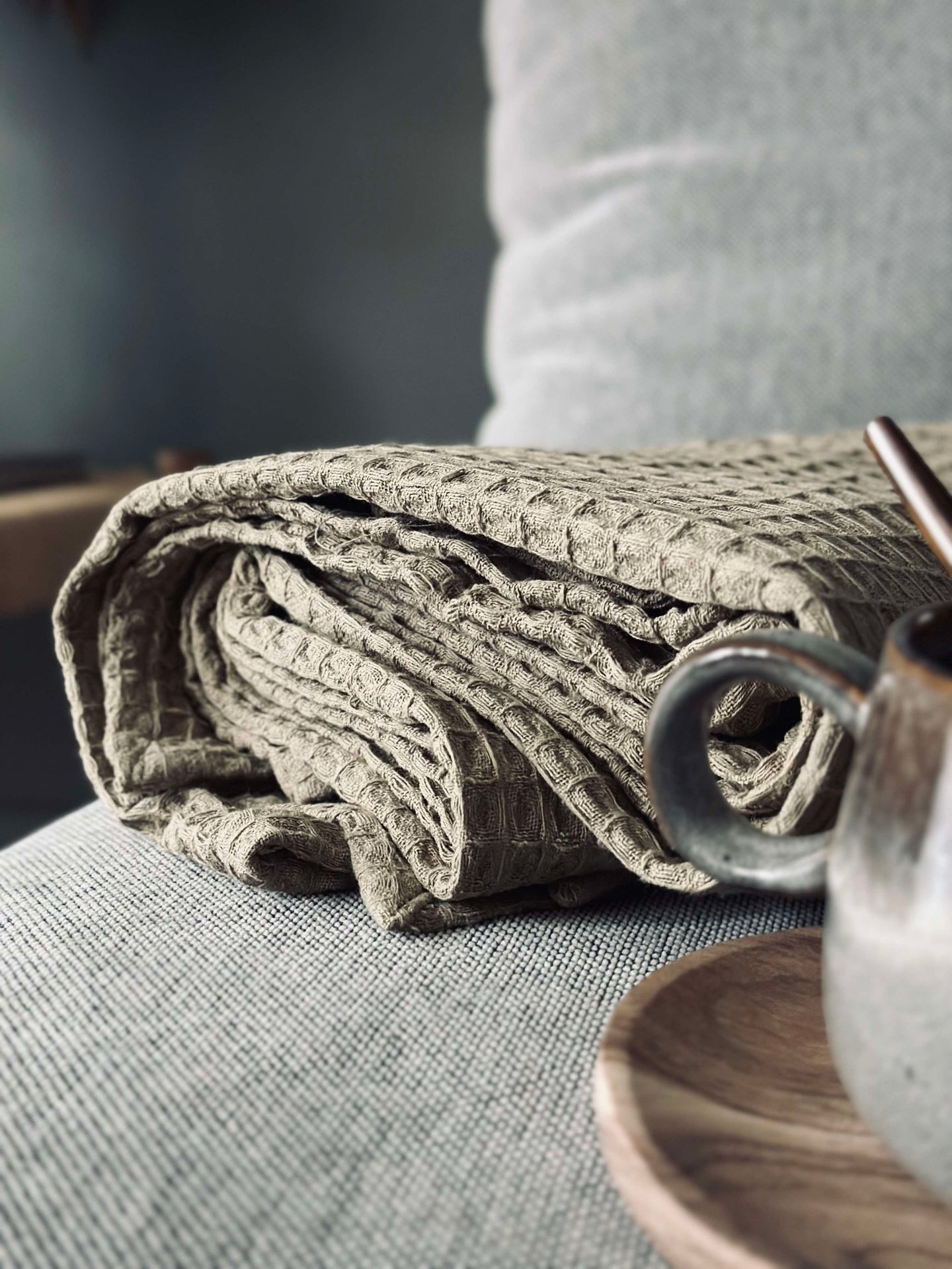 Pledd Stone-washed Vaffelvevd Bomull - Mørk Beige