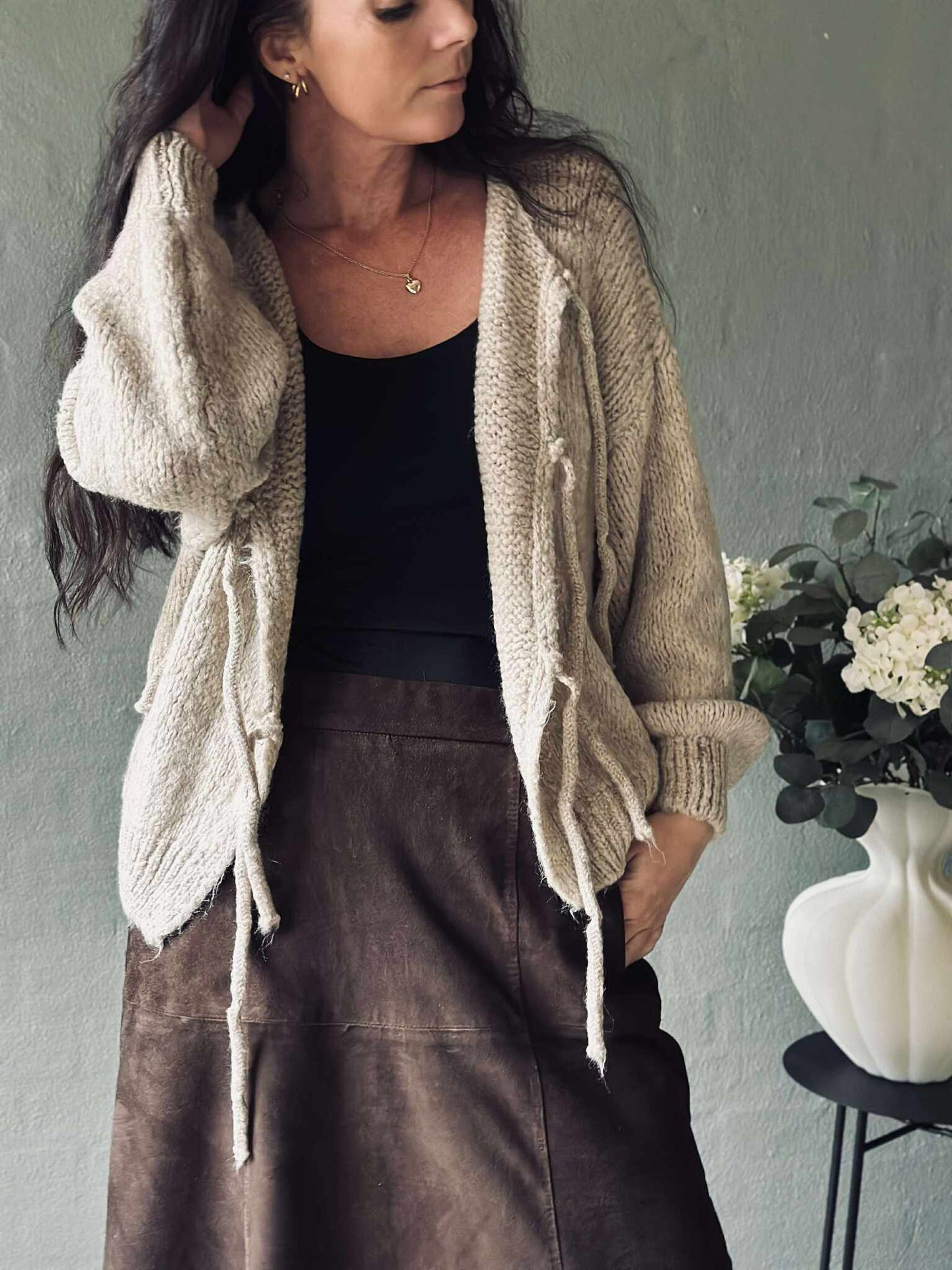 Cardigan med sløyfer - Beige