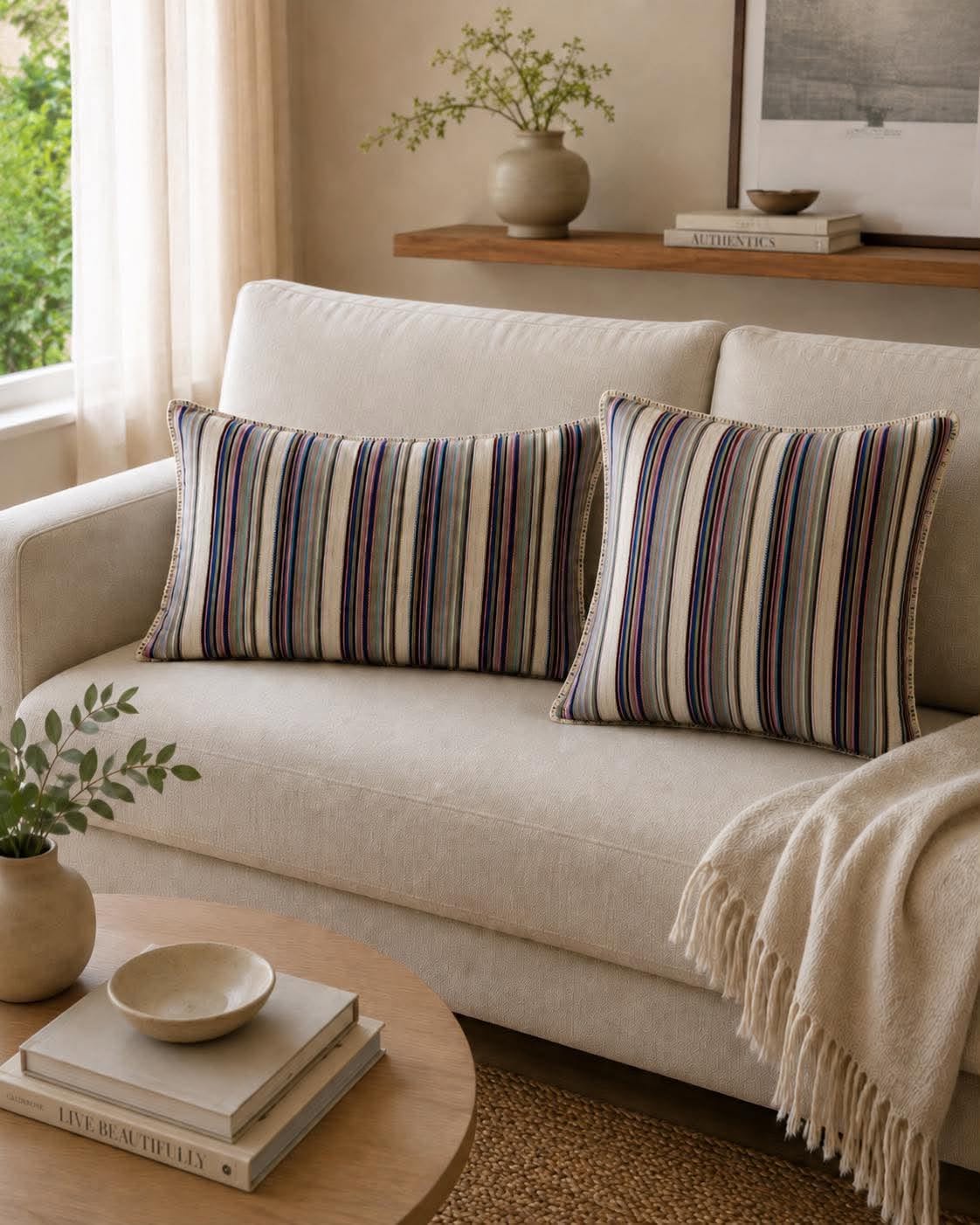 Pute med fyll - Multi stripet pastell 40x60