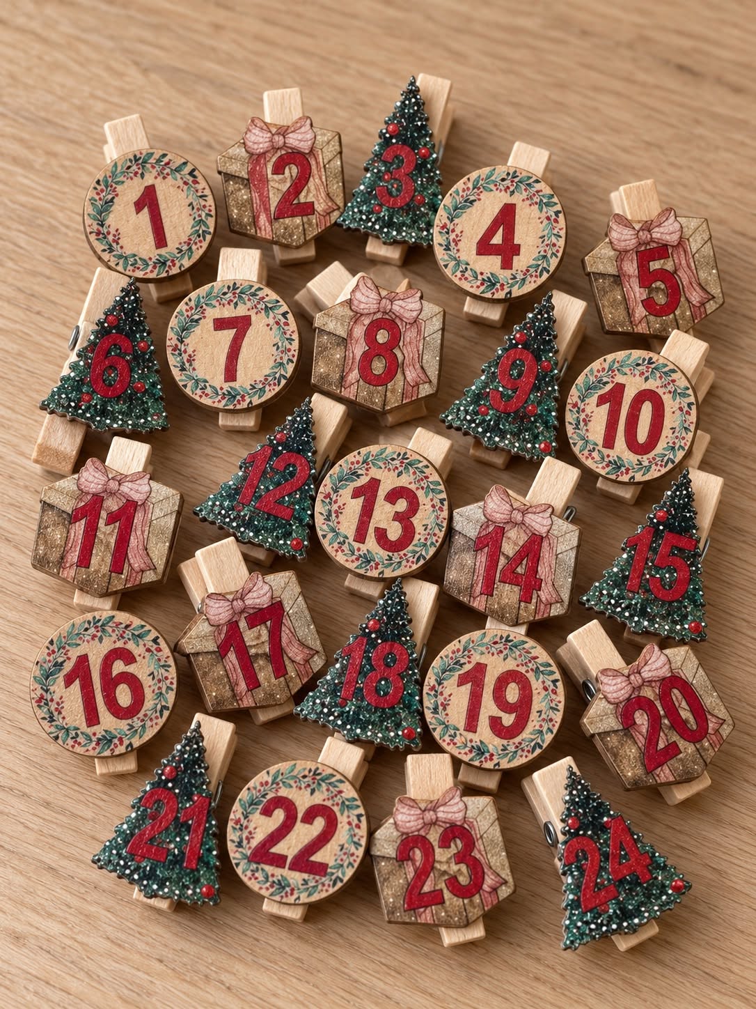 Klemmer til julekalender , 24 stk – treklemmer