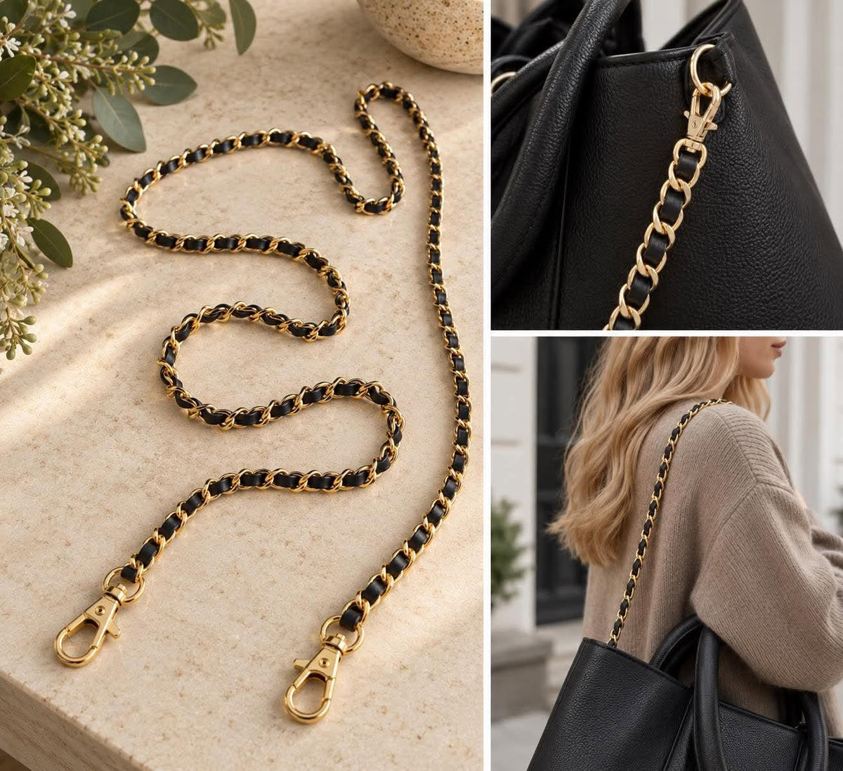 Veskerem kjede med lær - Black/Gold 124cm