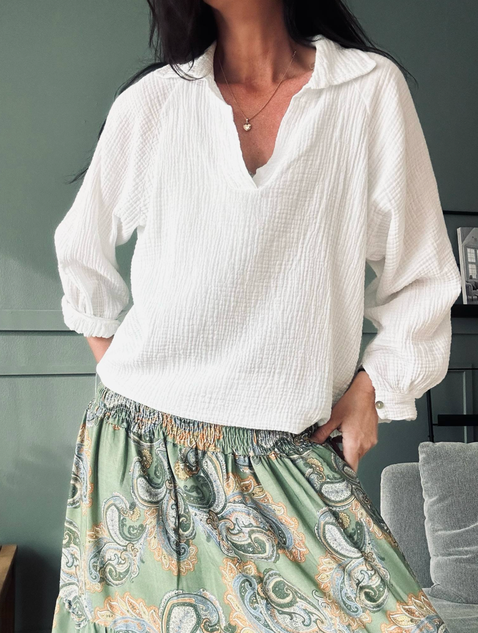 Bluse ALBA i vafflet bomull – Hvit