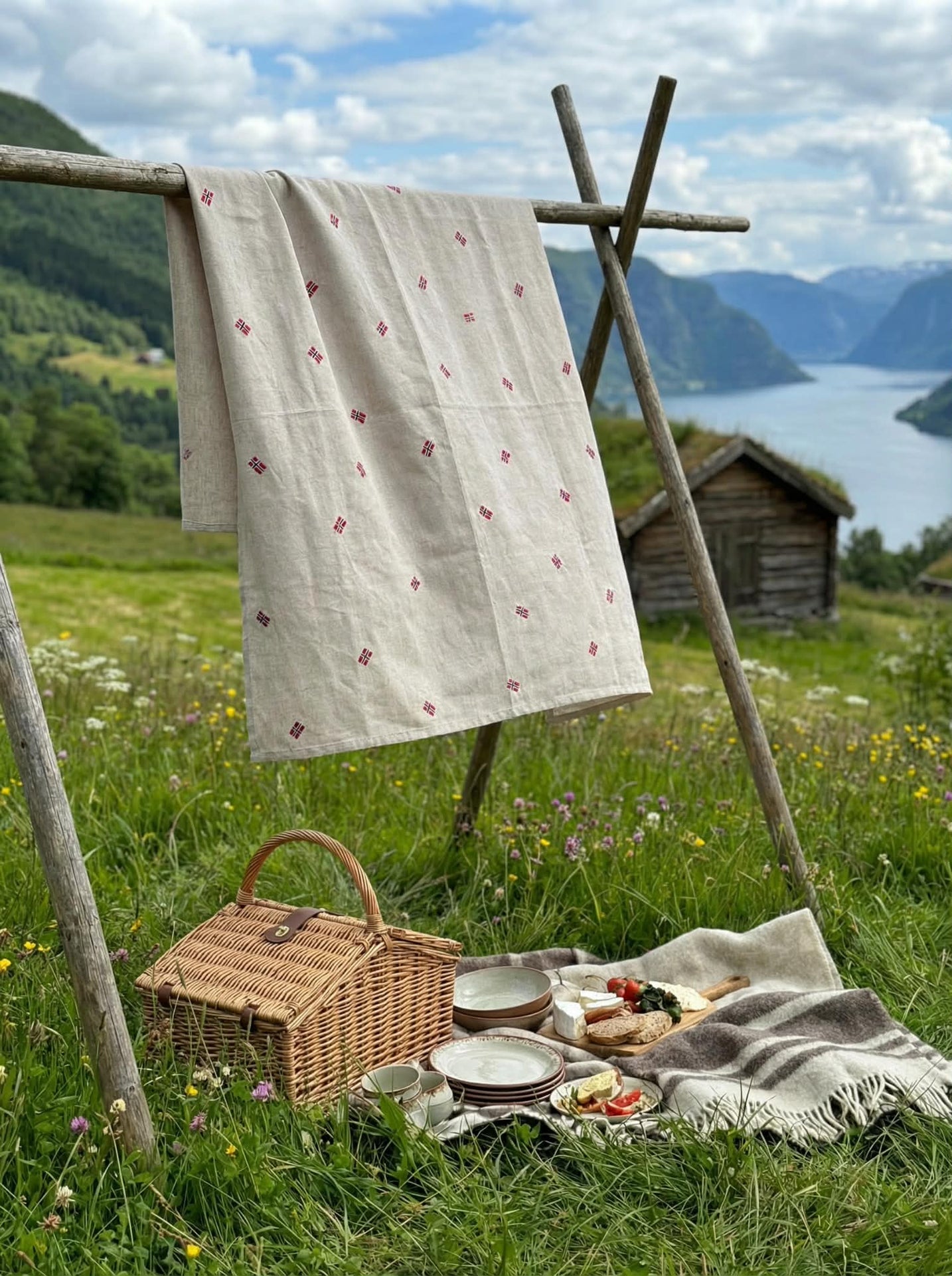 Duk med brodert norsk flagg - Flere størrelser