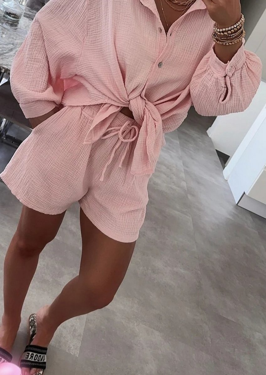 Sæt med vaflet skjorte og shorts – Rose bomuld - VIAMAJA.DK
