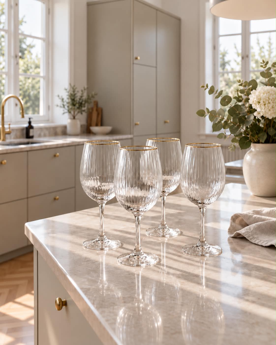 Vinglass Rødvin Riflet med gullkant - 4 stk