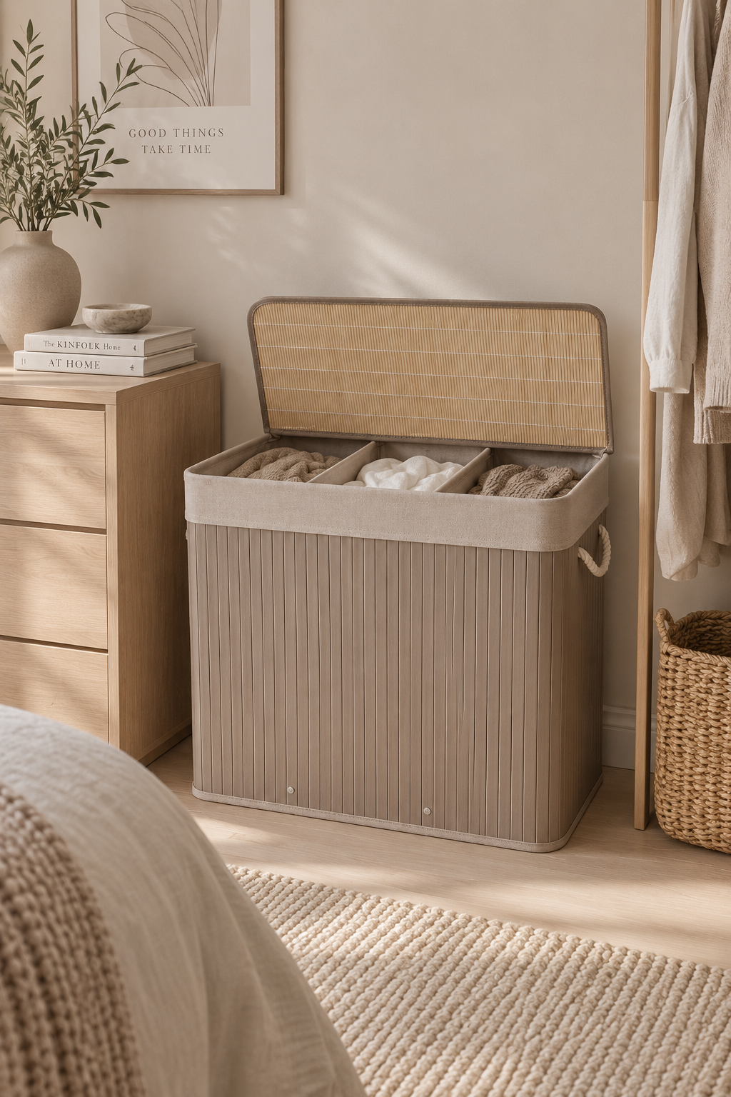 Vasketøyskurv Beige – Bambus med tre rom