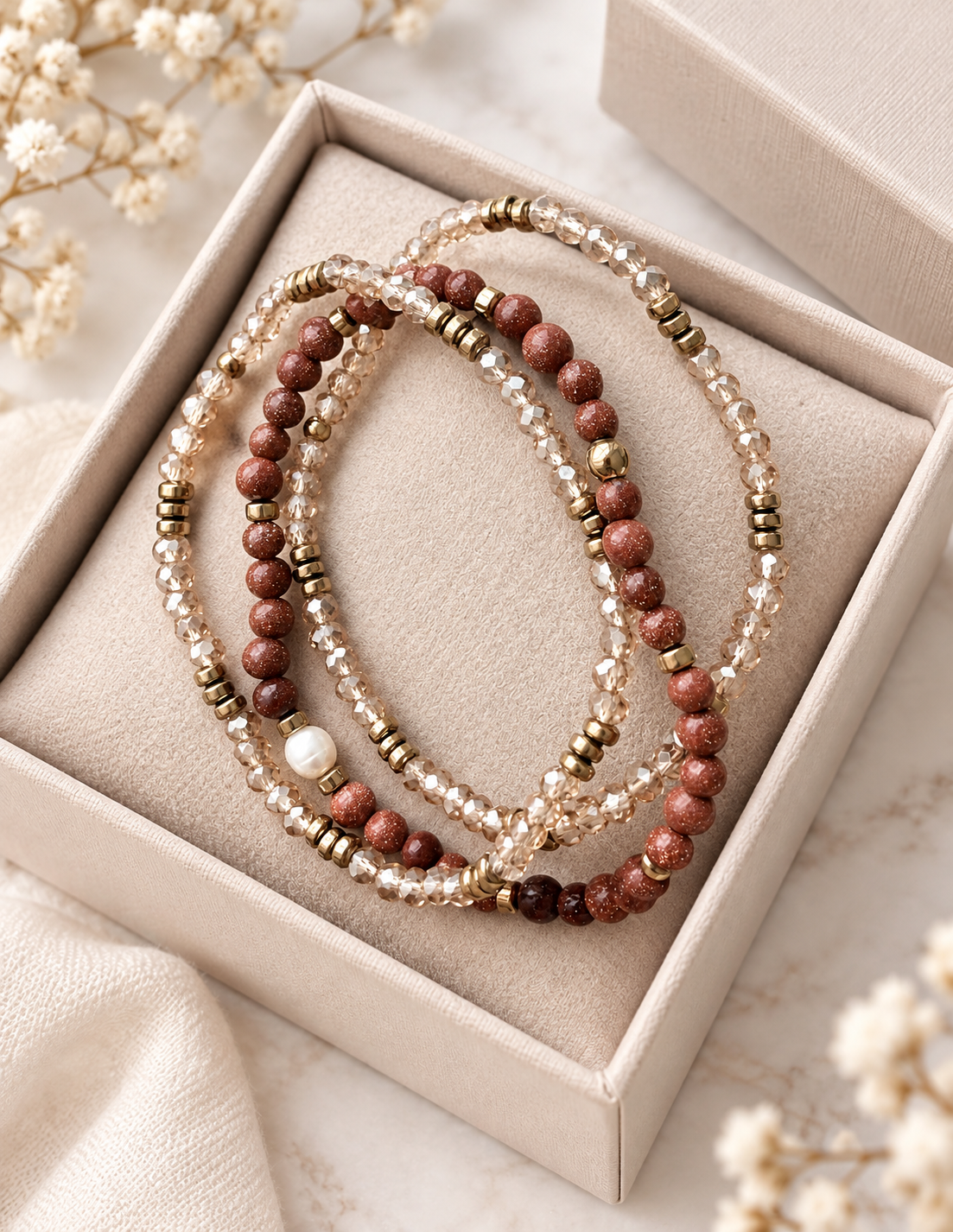 Armbånd Leah Natur/Cognac – Sett med 3 stk