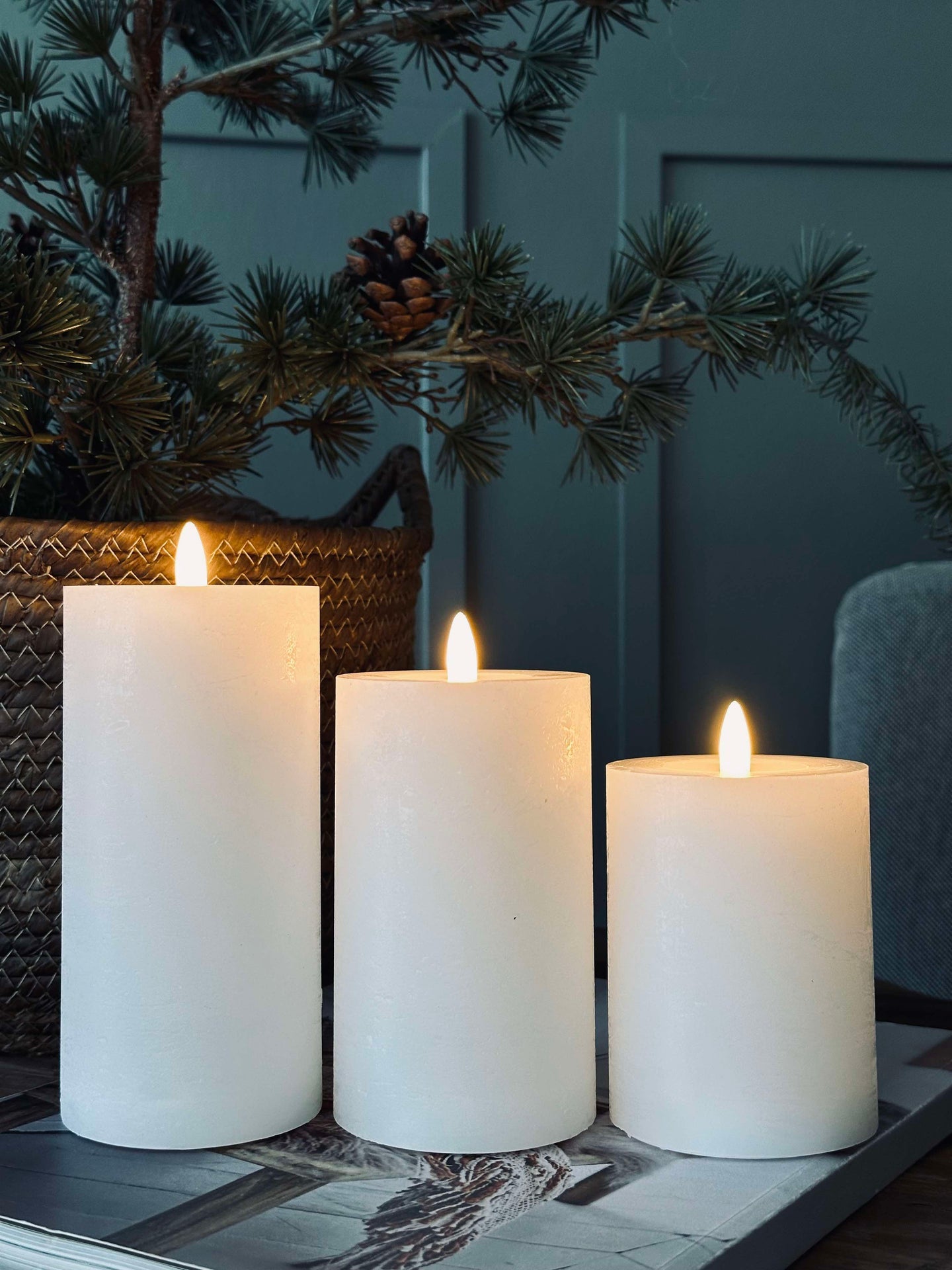LED Bloklys / Hvit rustikk – 3 stk