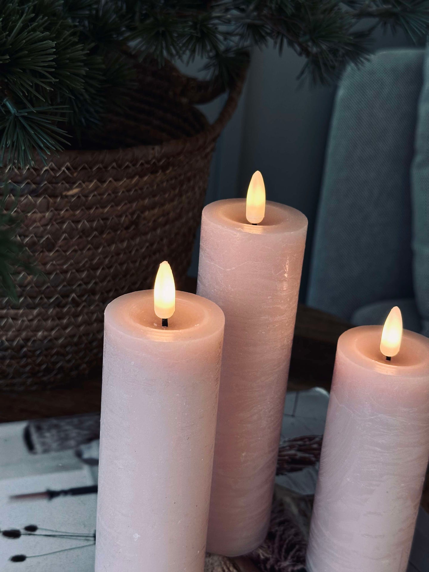 LED Blokklys / Rosa – 3 stk Rustikk dia 5 cm