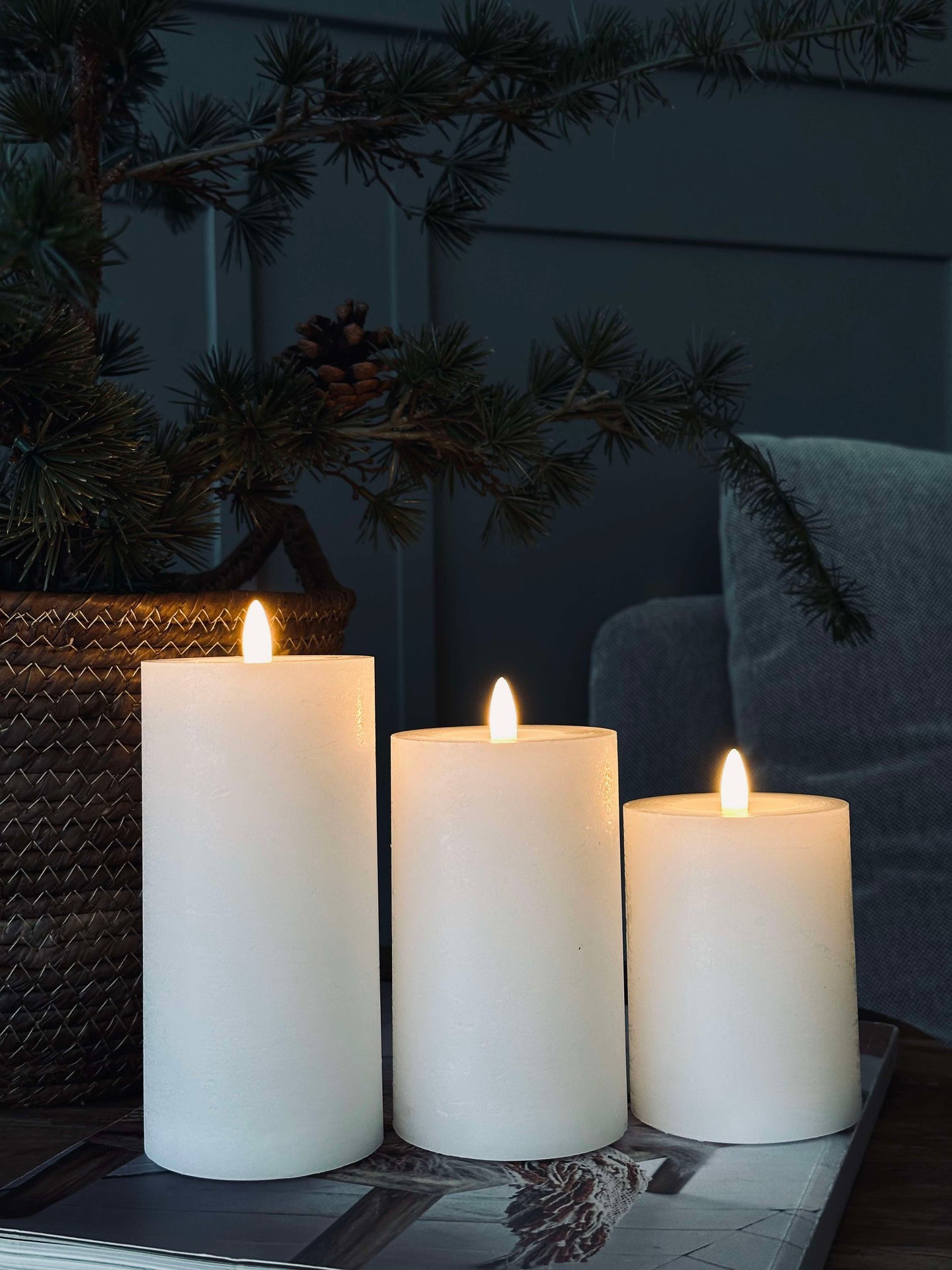 LED Bloklys / Hvit rustikk – 3 stk