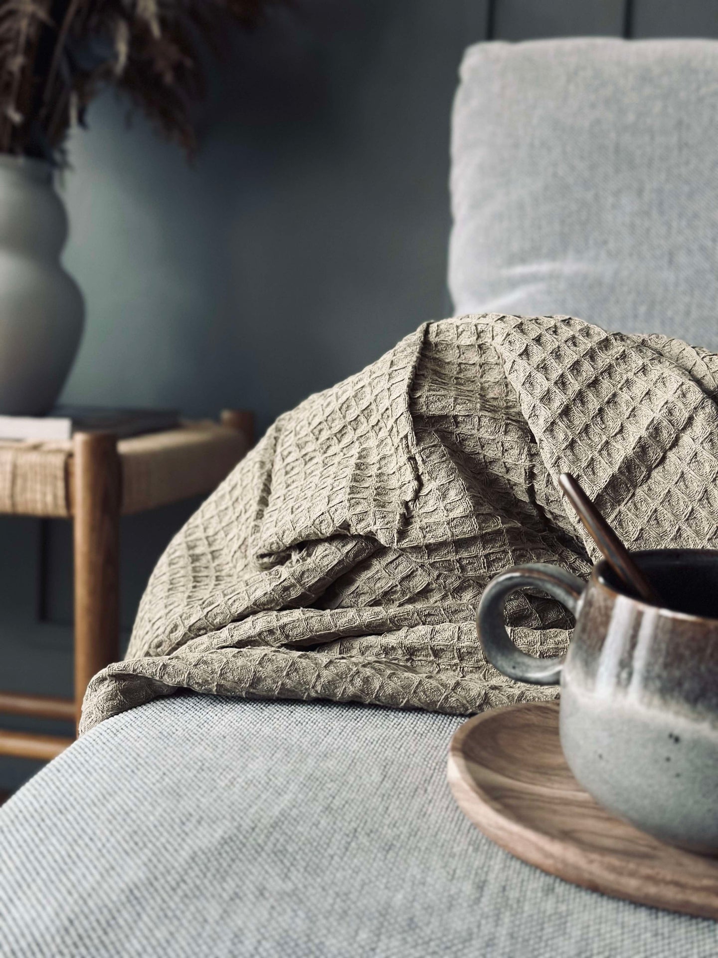 Pledd Stone-washed Vaffelvevd Bomull - Mørk Beige