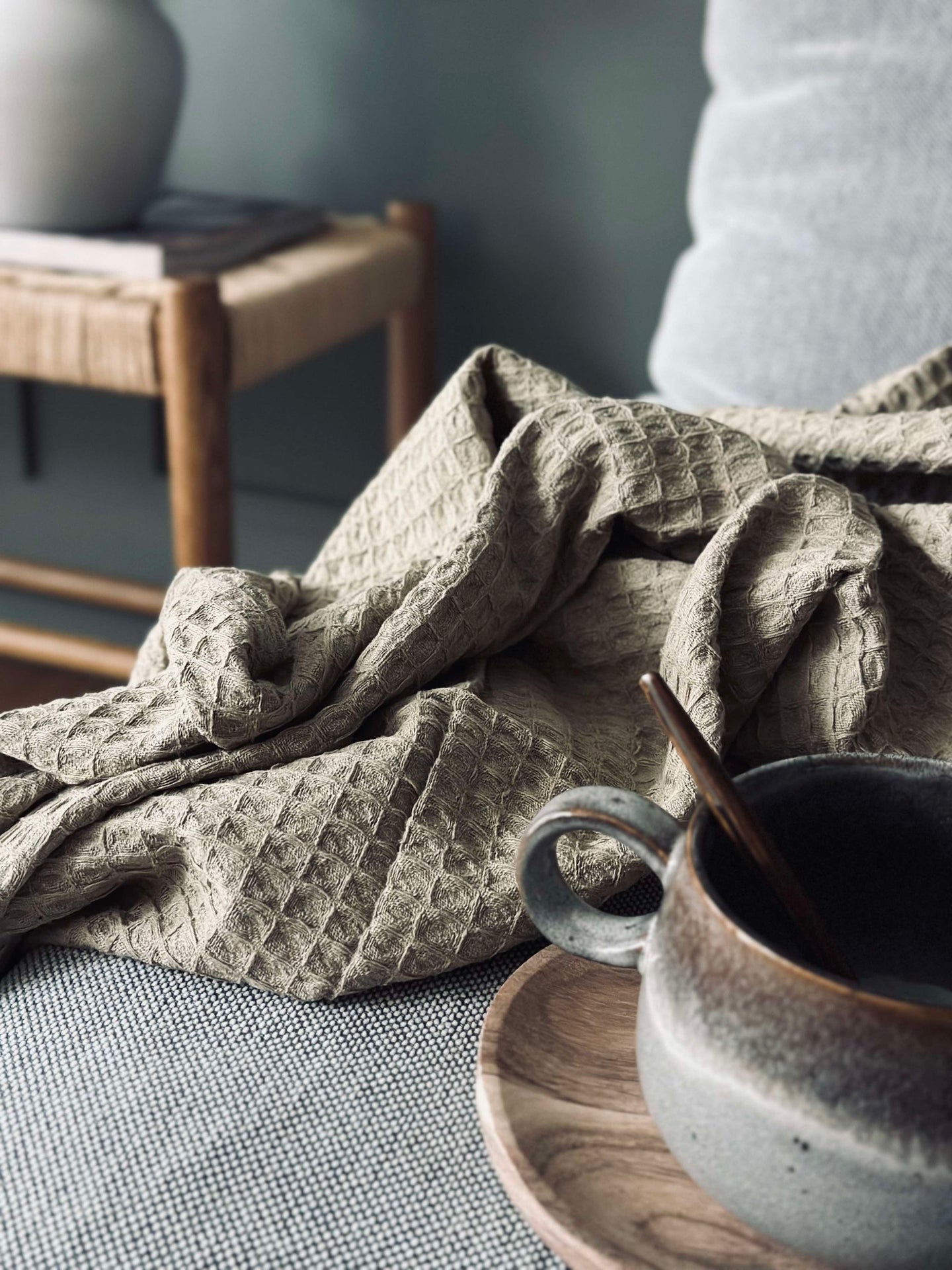 Pledd Stone-washed Vaffelvevd Bomull - Mørk Beige