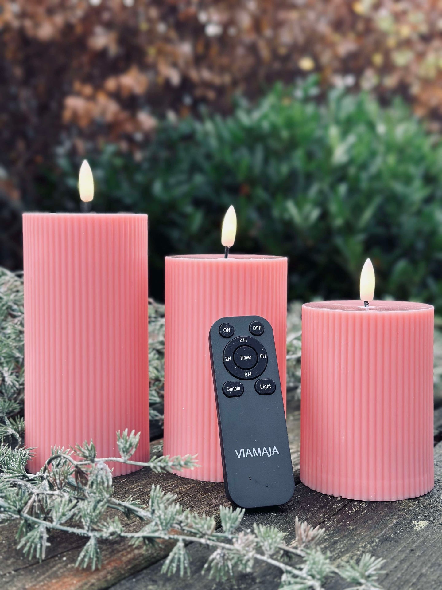 LED utendørs blokklys med riller - Sett med 3 stk - Rosa