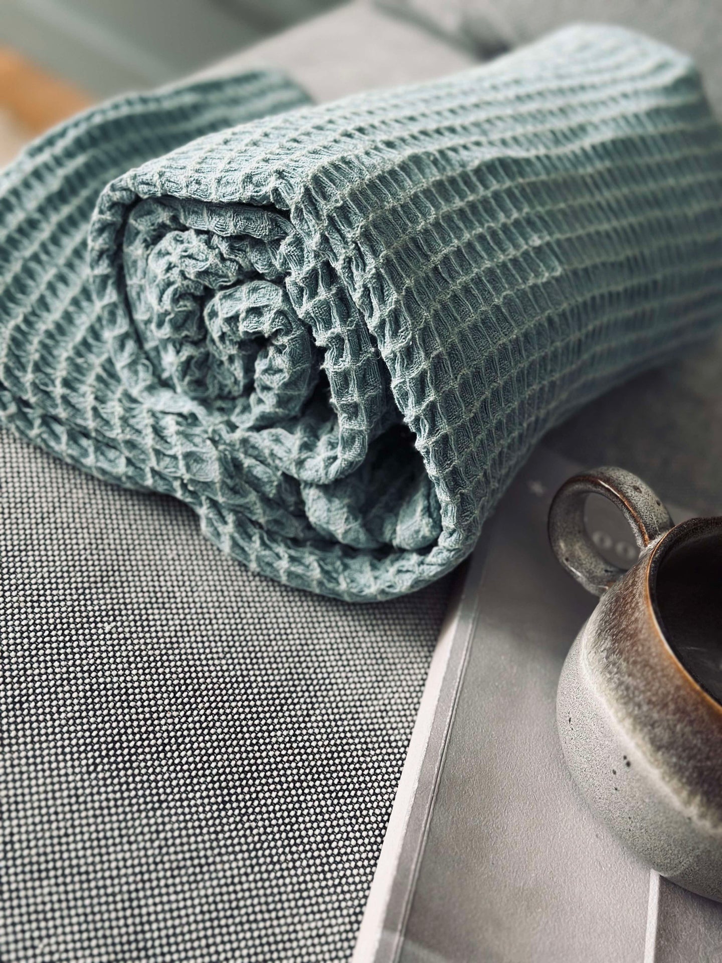 Pledd Stone-washed Vafflet Bomull - Petrol