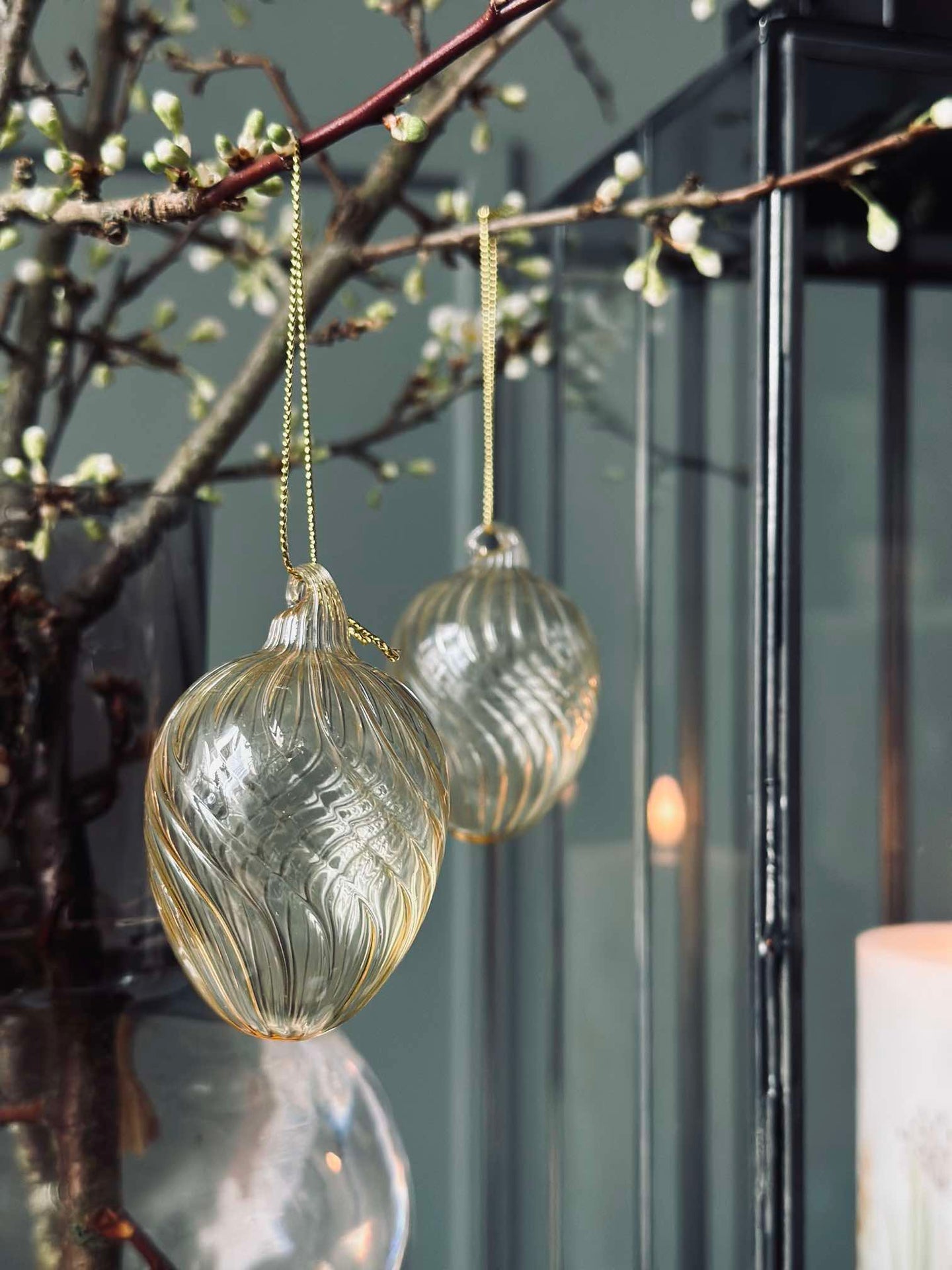 Oppheng Egg i glass m. striper - 3 stk. - Gul