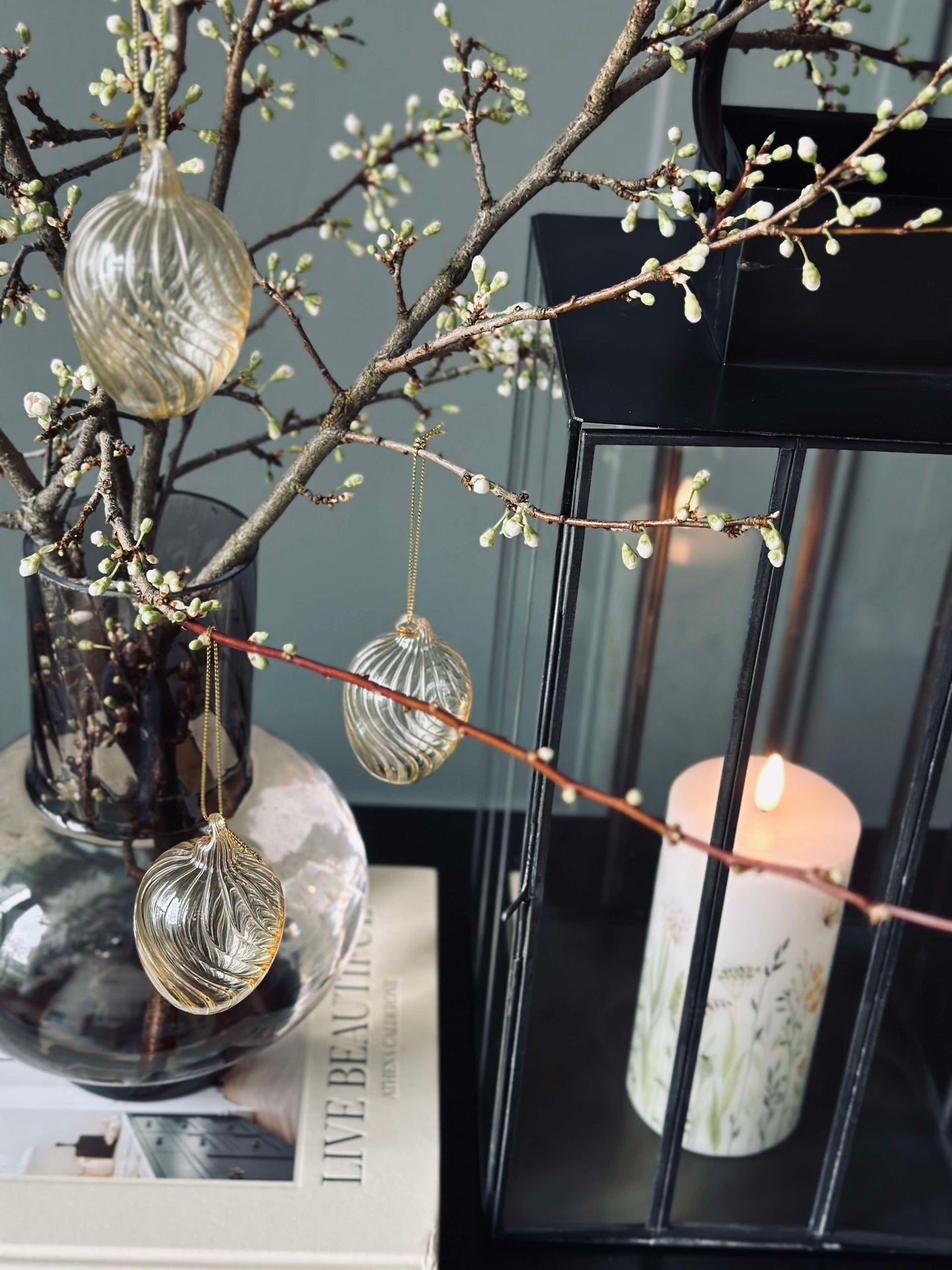 Oppheng Egg i glass m. striper - 3 stk. - Gul
