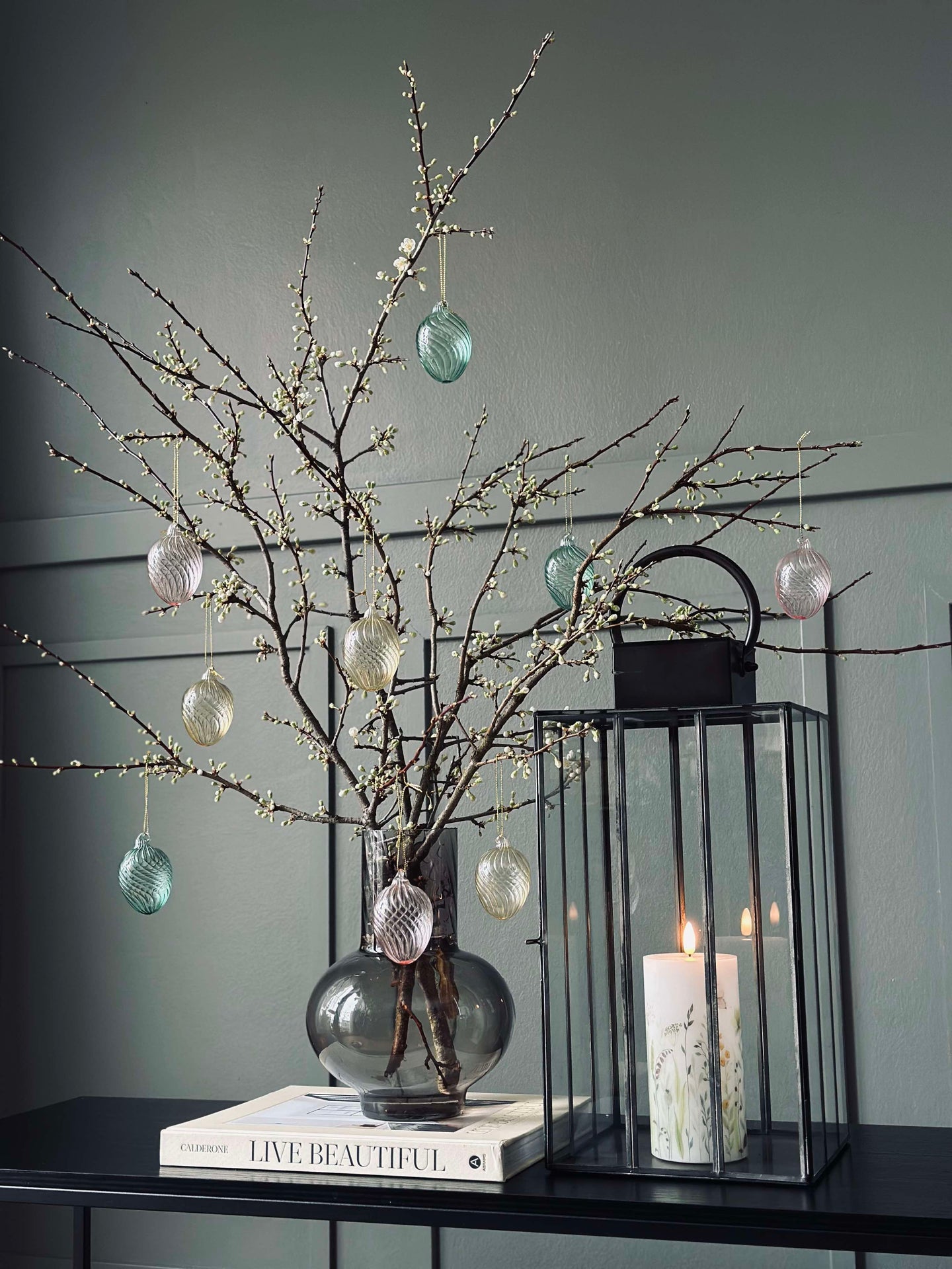 Oppheng Egg i glass m. striper - 3 stk. - Gul