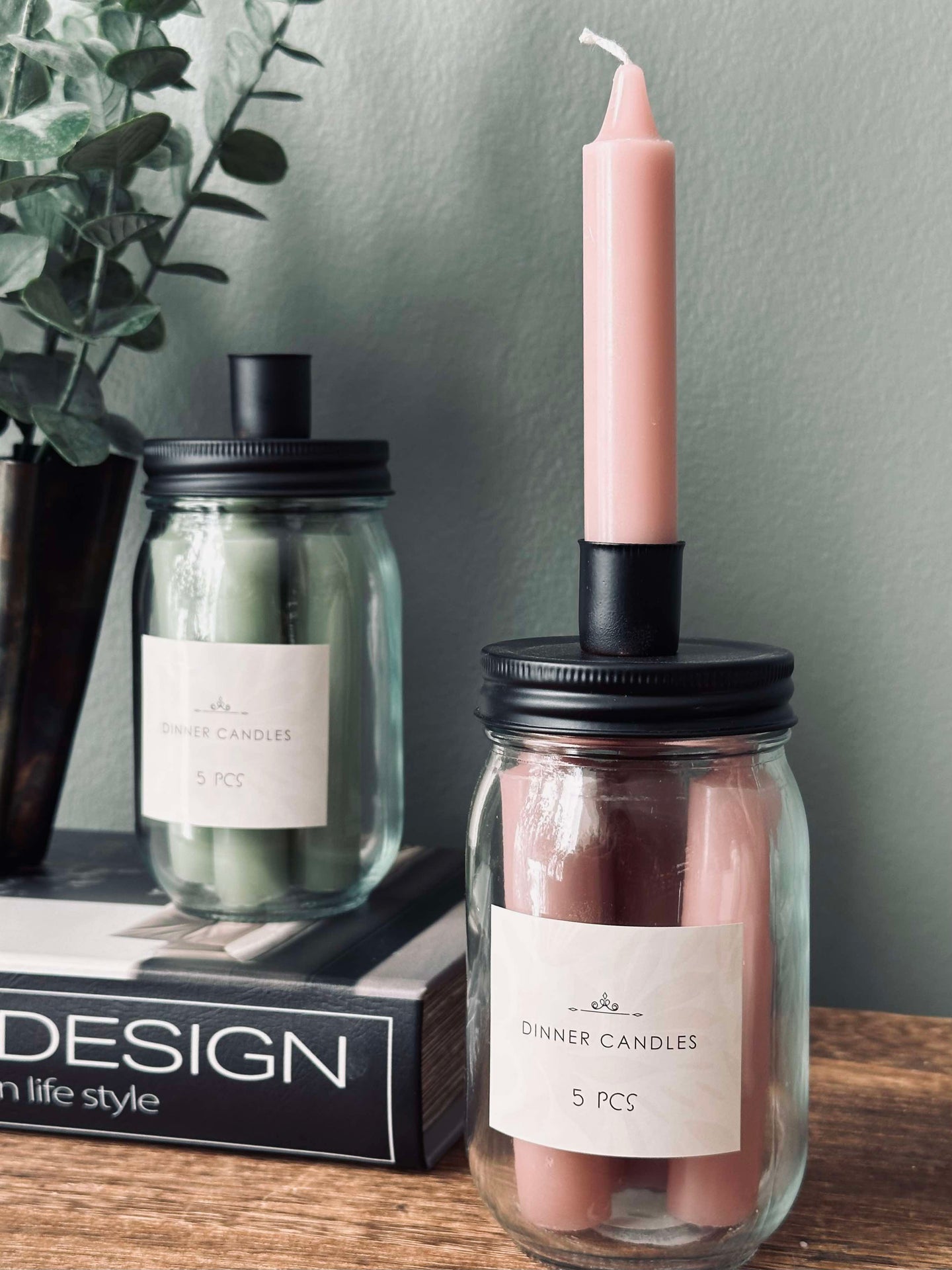 Stearinlys med lysestake - Rosa