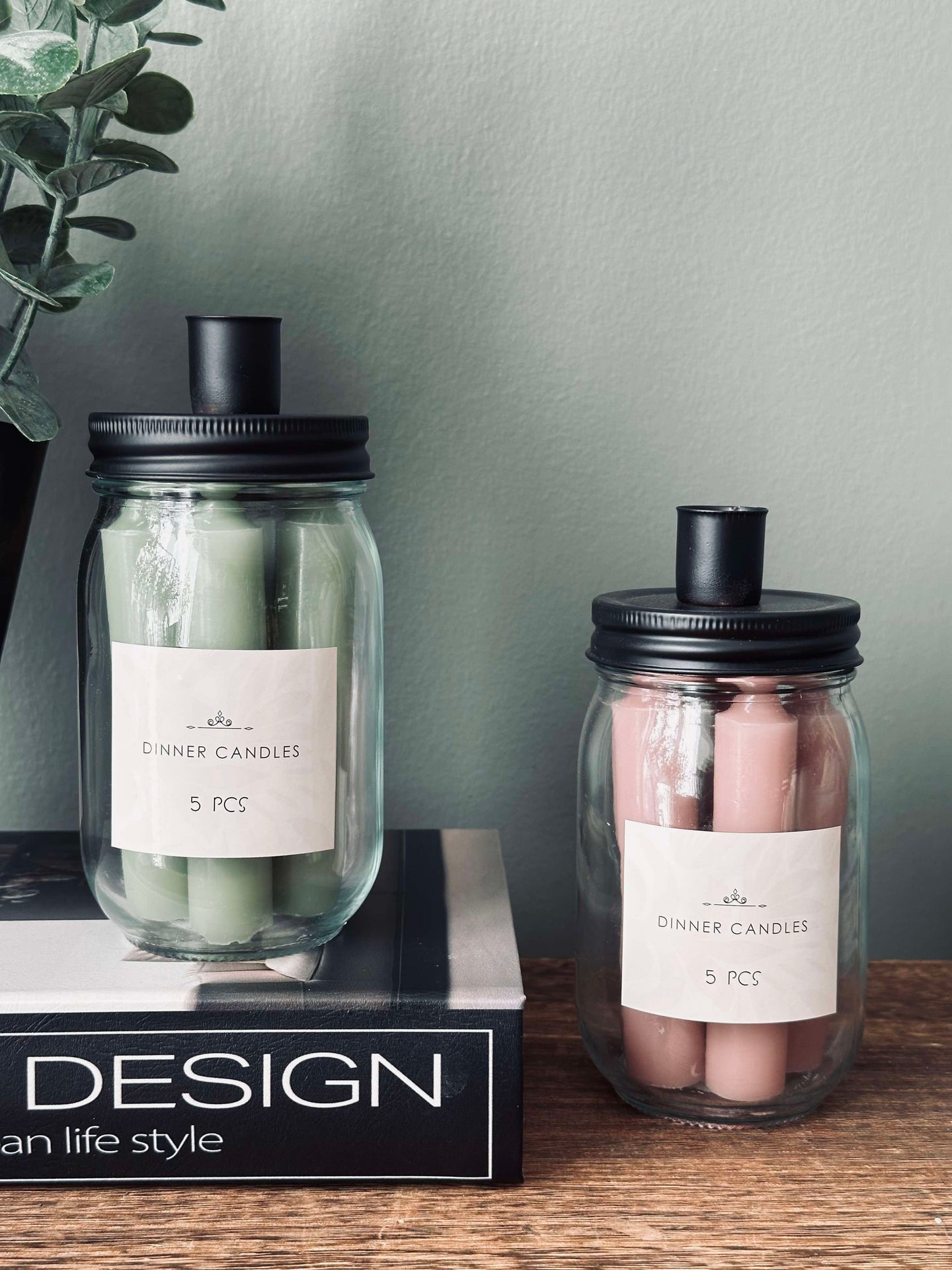 Stearinlys med lysestake - Rosa