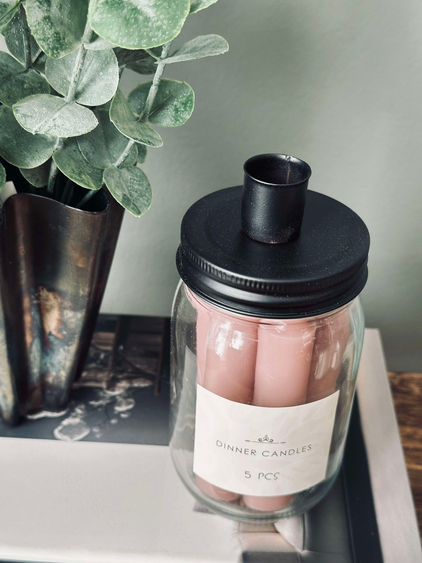 Stearinlys med lysestake - Rosa