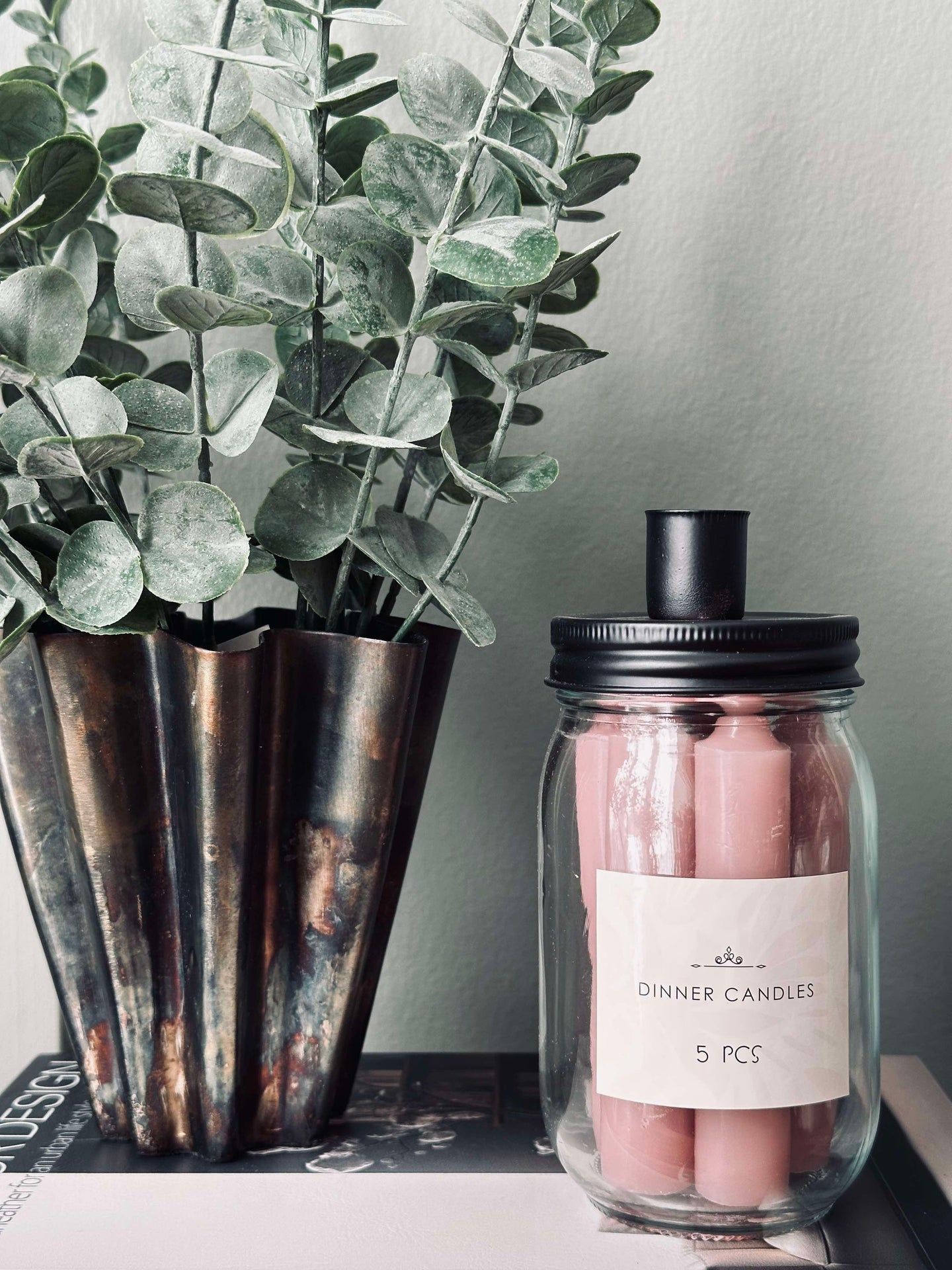 Stearinlys med lysestake - Rosa