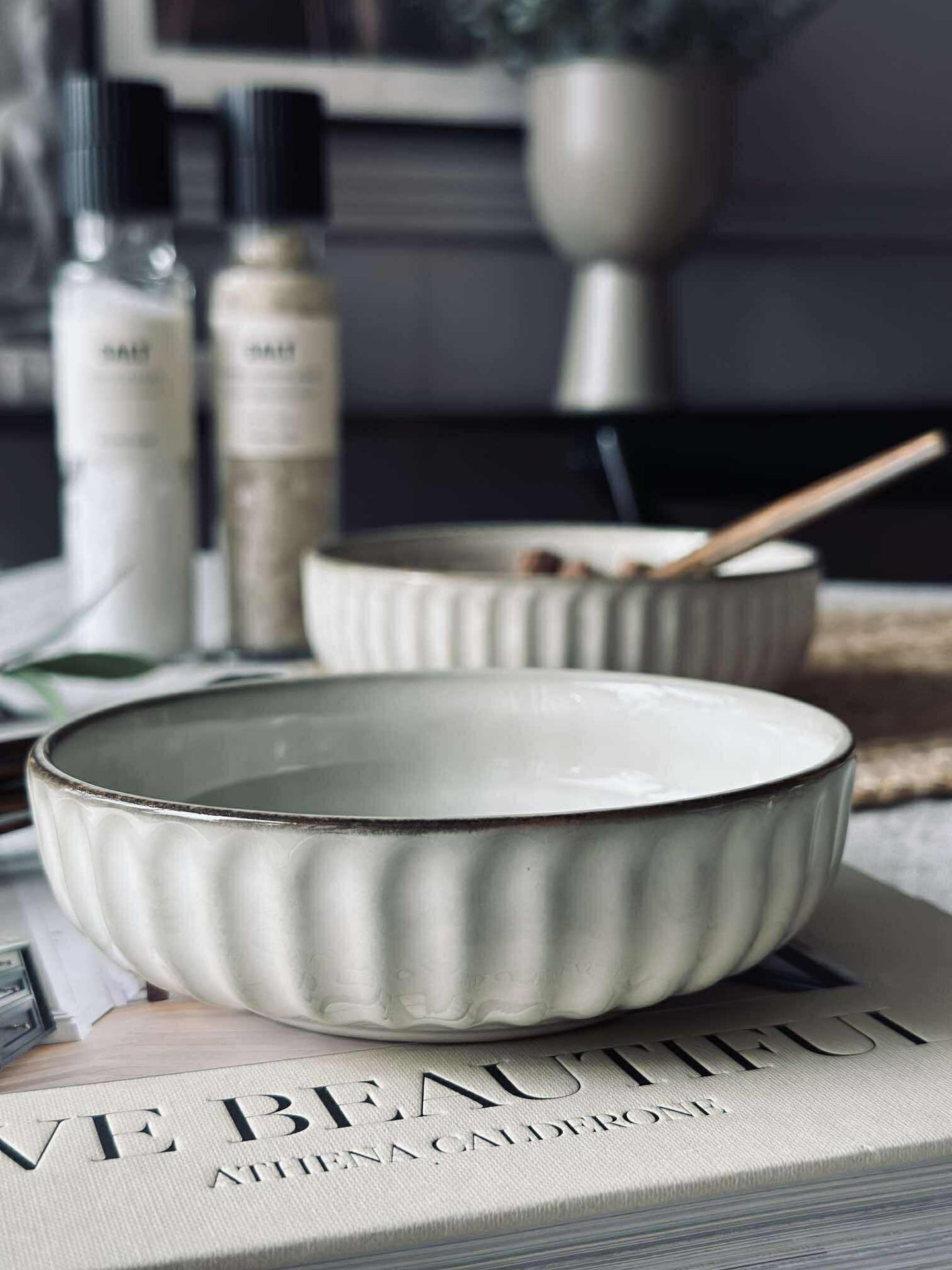 Skål VIGA stripet steintøy - Sand 12cm