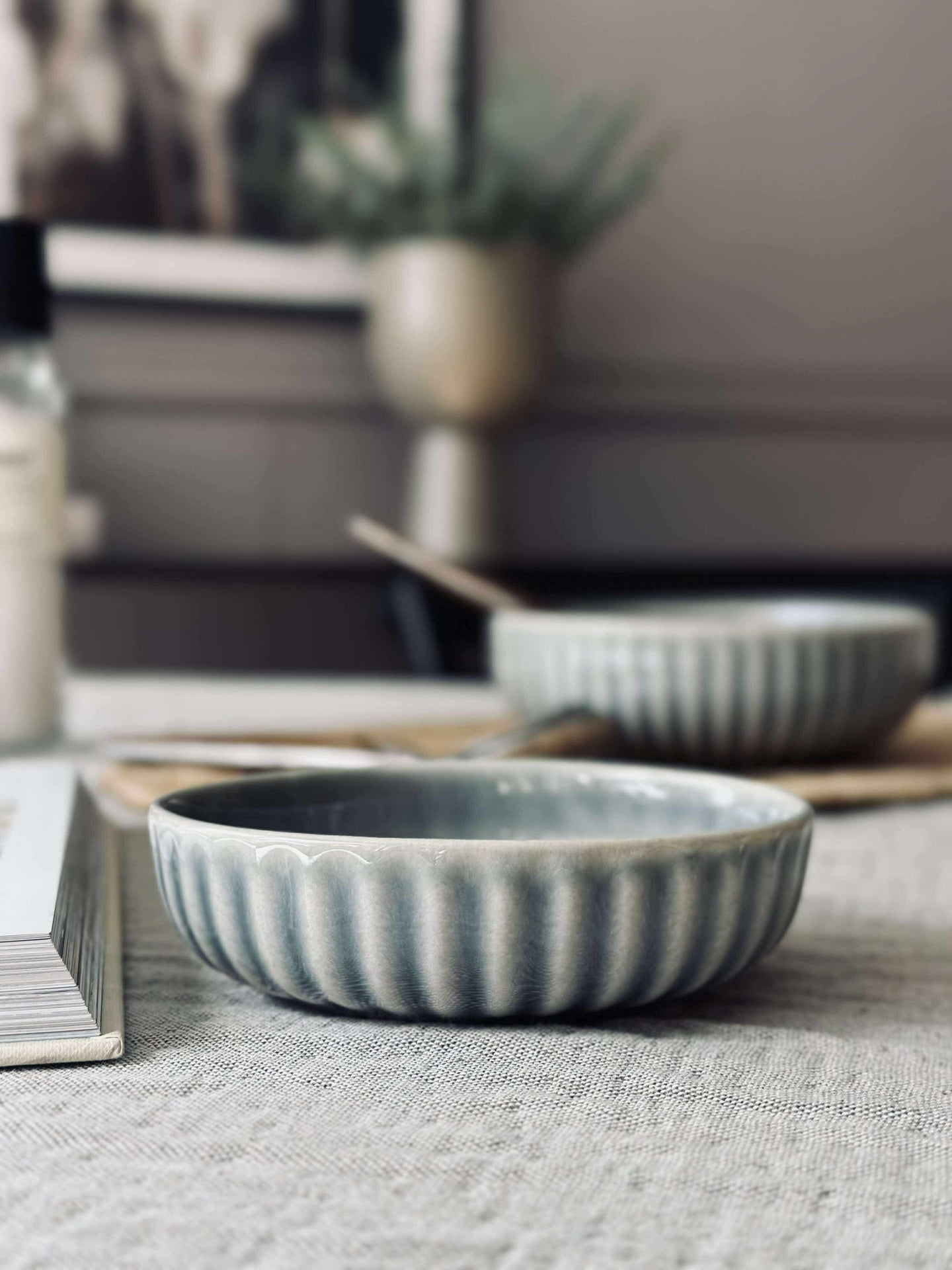 Bolle VIGA stripet steintøy - Blå 12cm