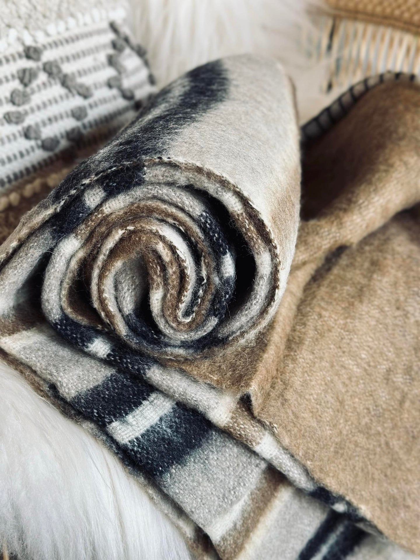 Pledd 100 % ull - Taupe stripe