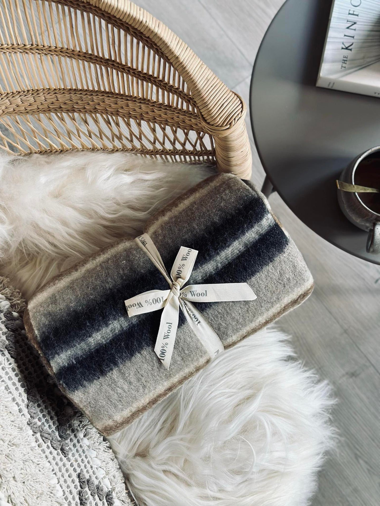 Pledd 100 % ull - Taupe stripe