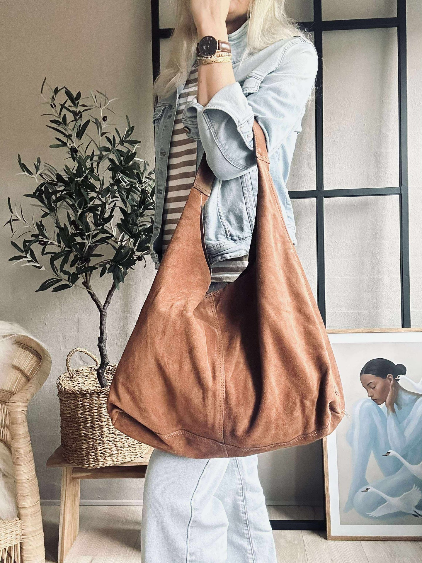 Shopper i mykt ruskinn - Cognac