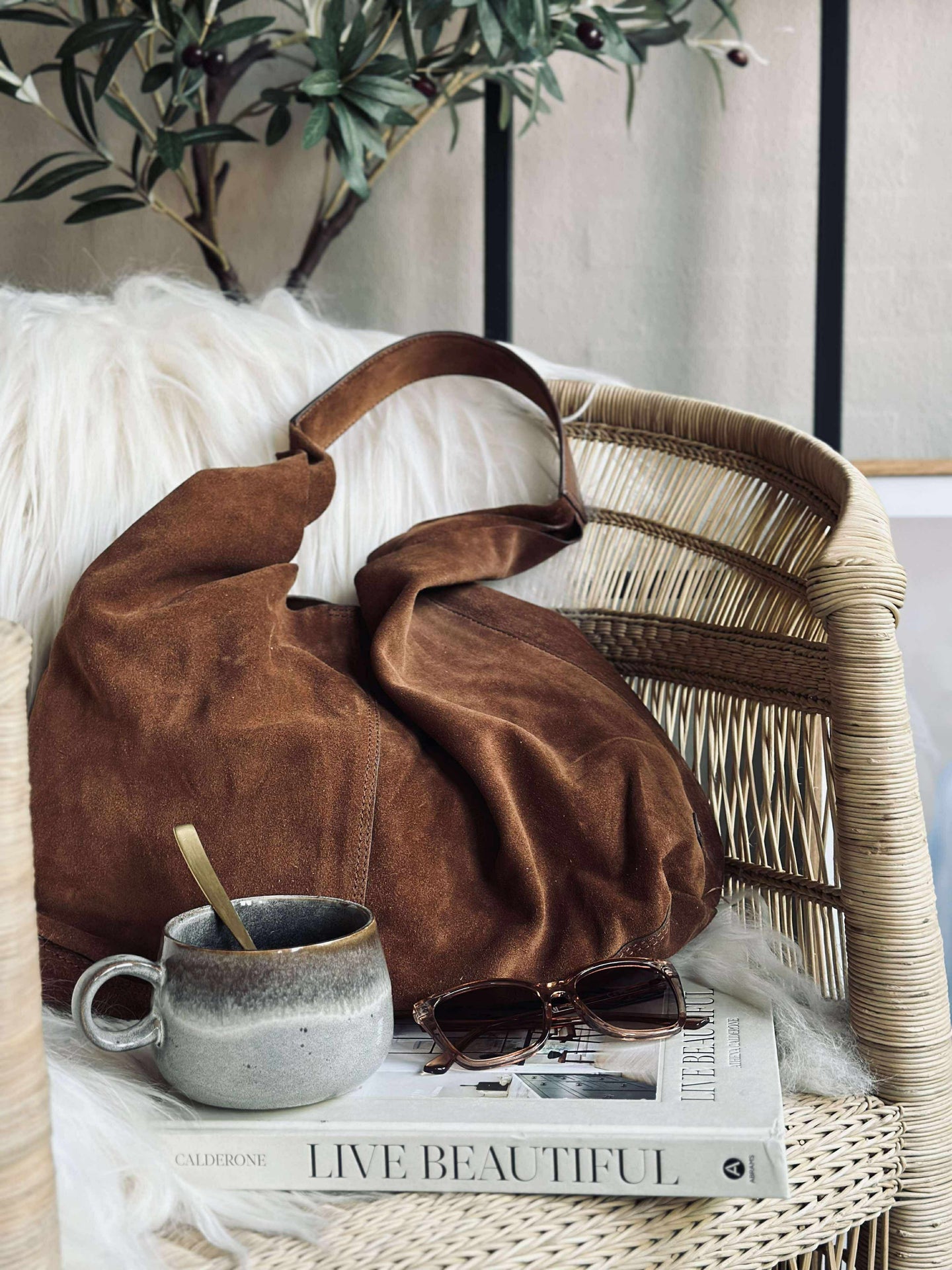 Shopper i mykt ruskinn - Cognac