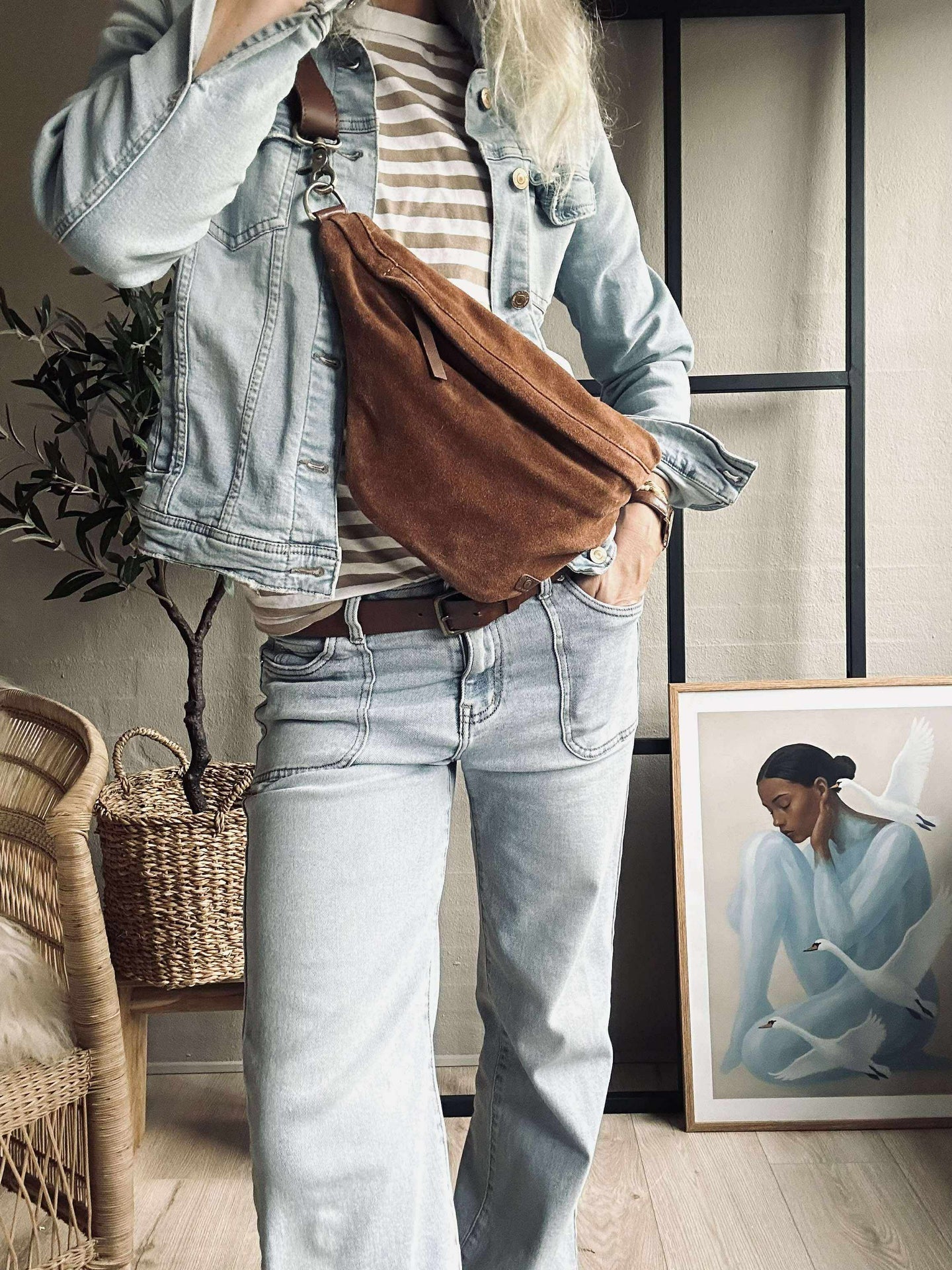 Vakker semsket skinn-bumbag - Cognac