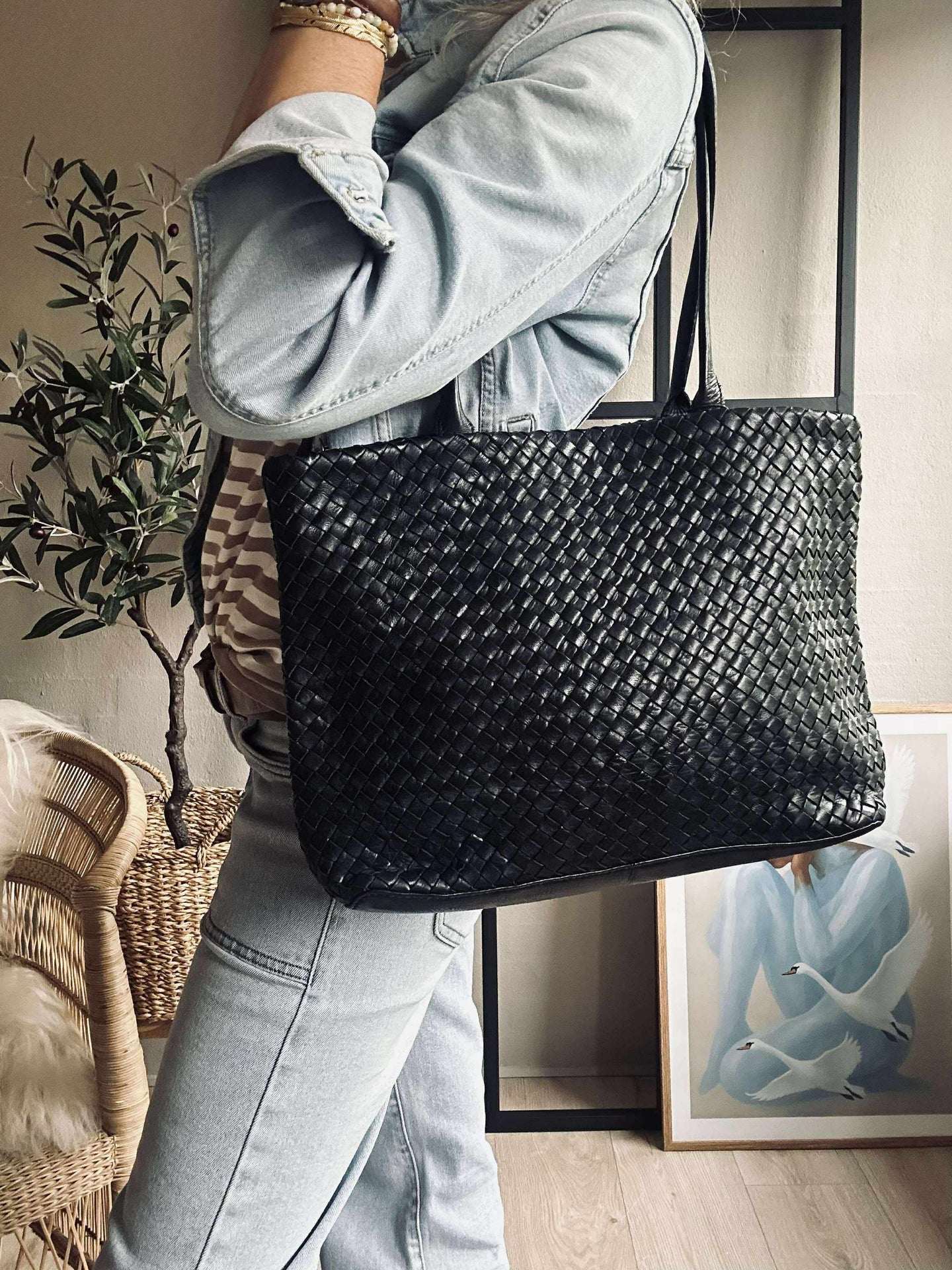 Shopper i flettet skinn - Black