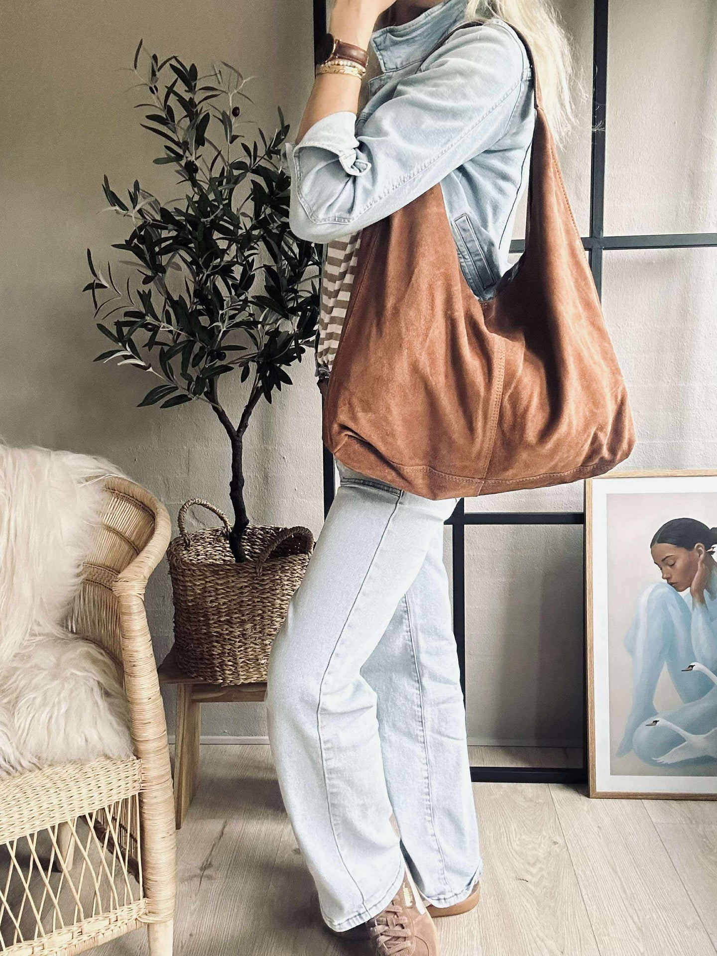 Shopper i mykt ruskinn - Cognac