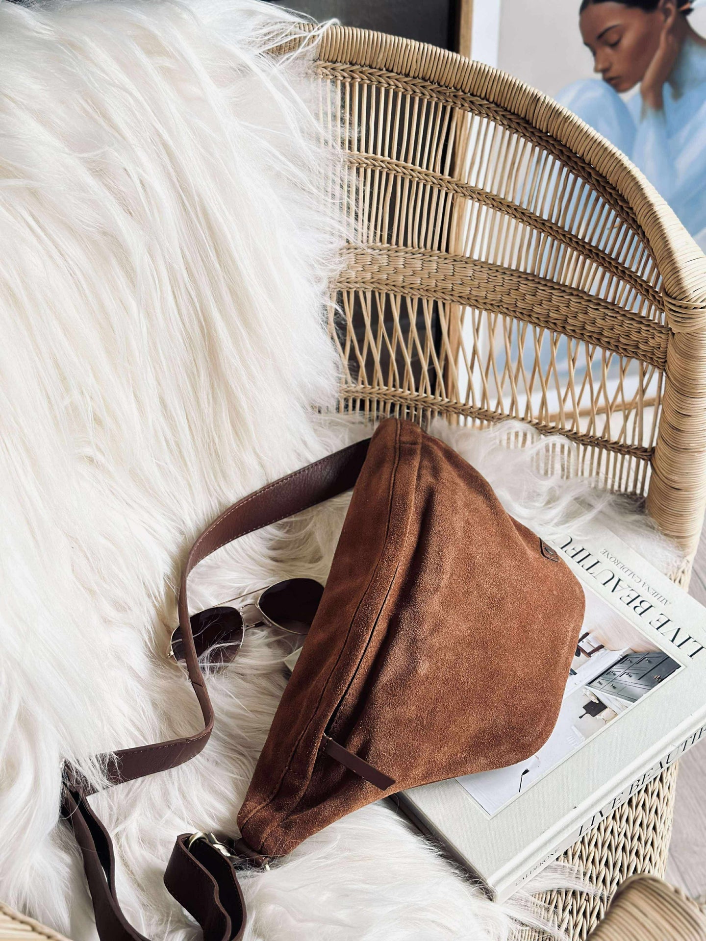 Vakker semsket skinn-bumbag - Cognac