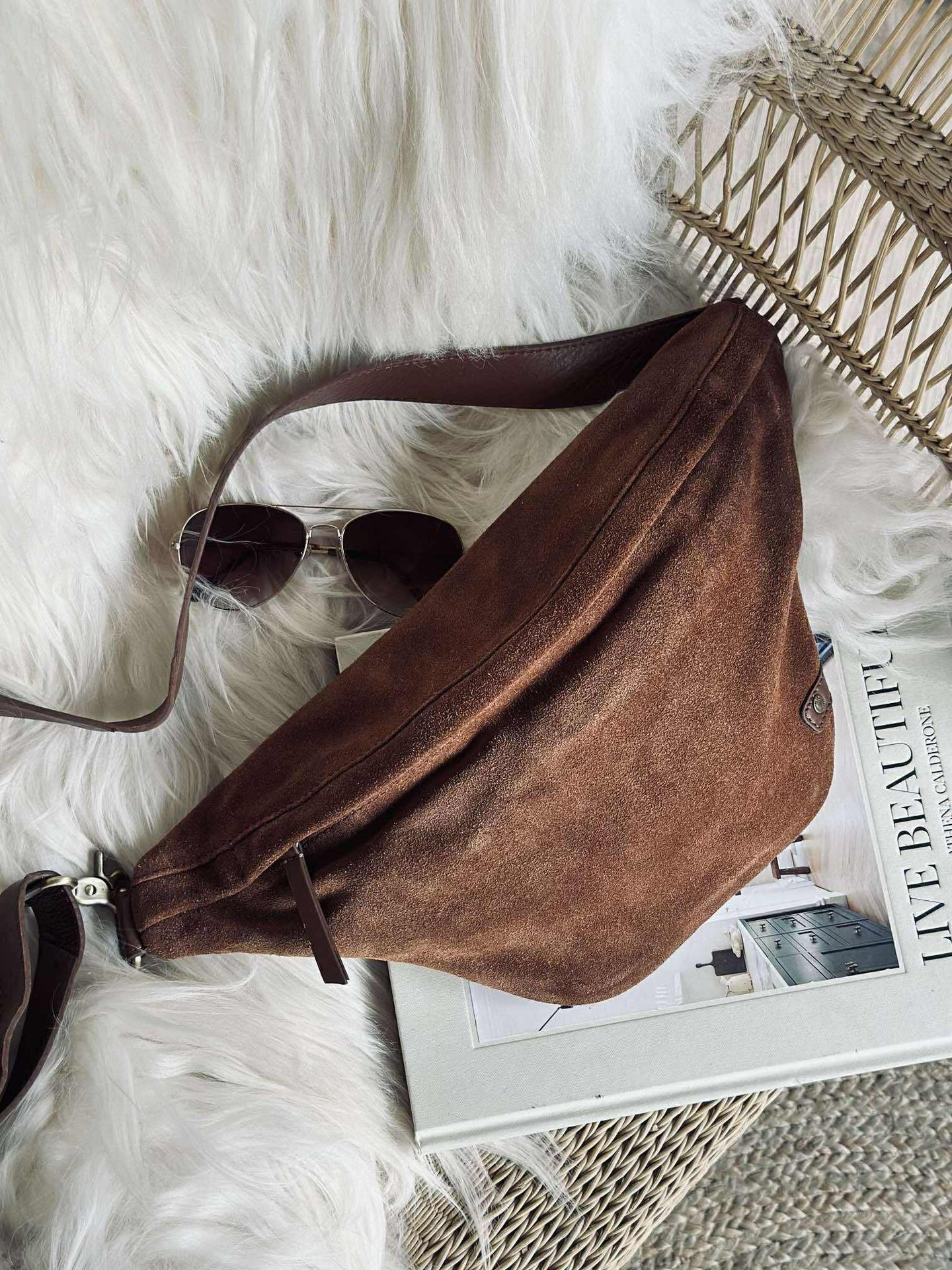 Vakker semsket skinn-bumbag - Cognac