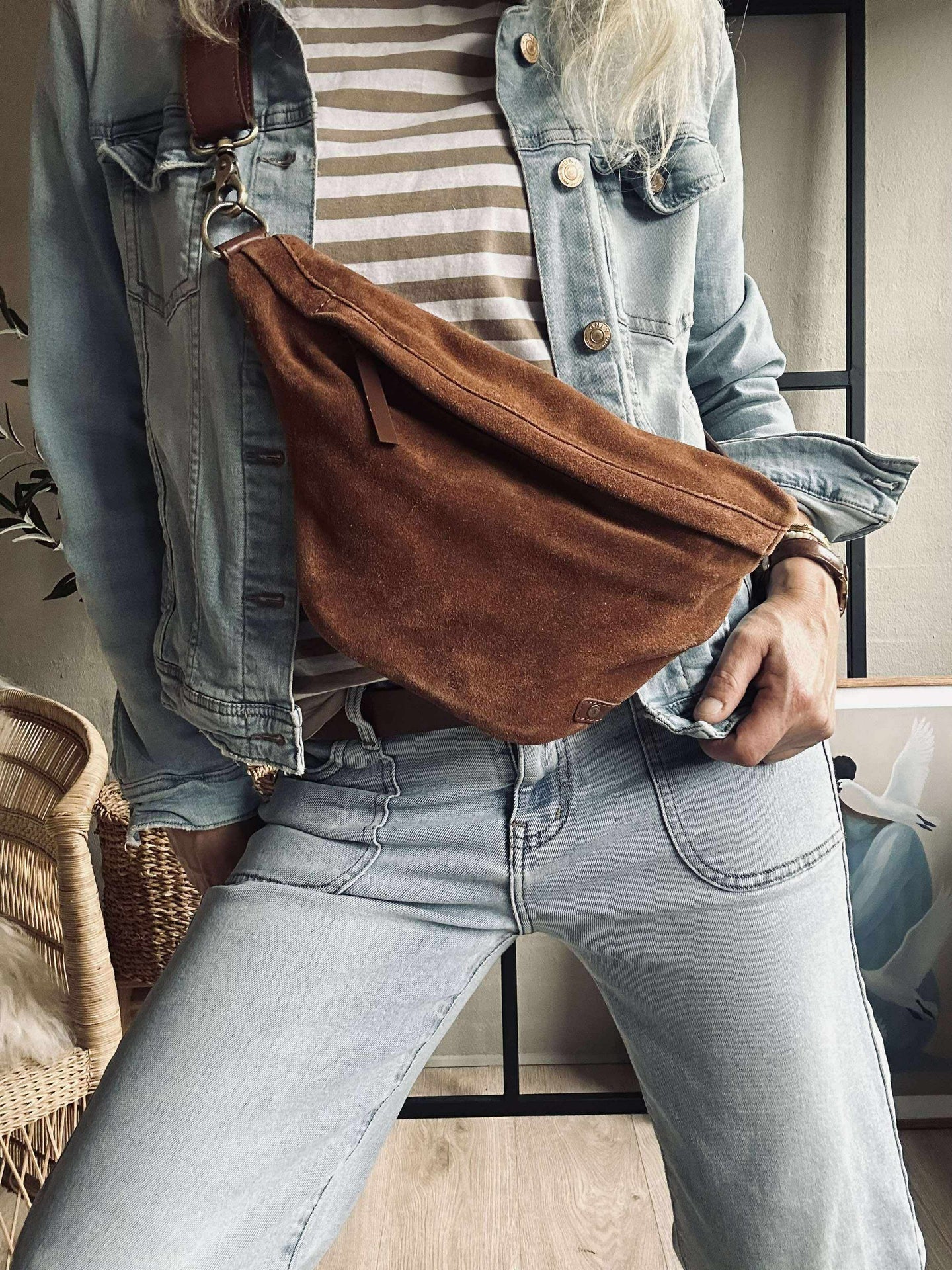 Vakker semsket skinn-bumbag - Cognac