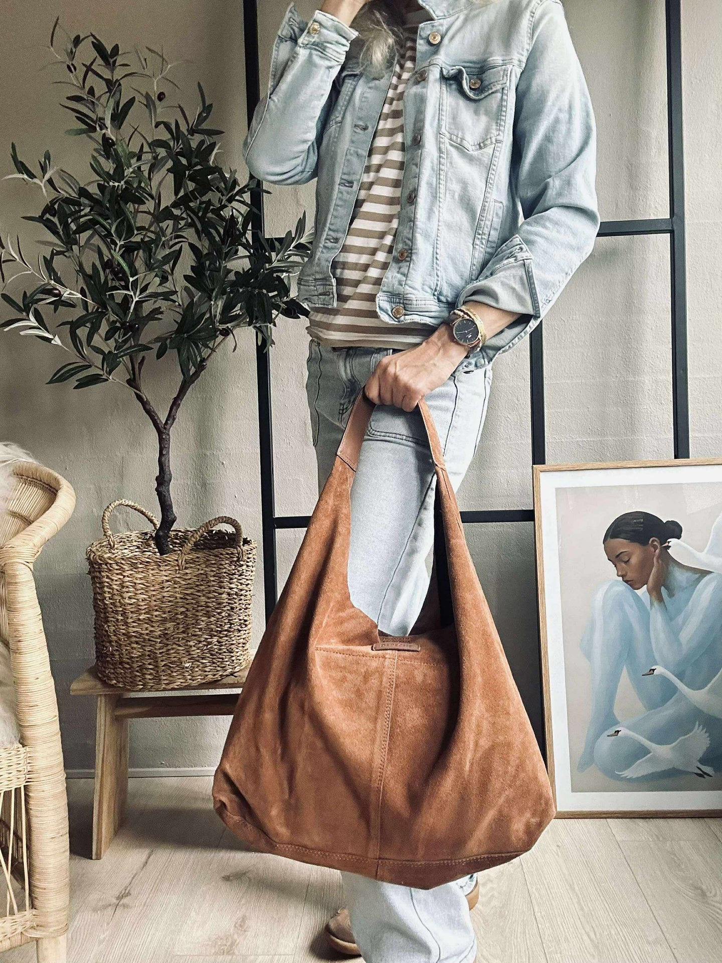 Shopper i mykt ruskinn - Cognac
