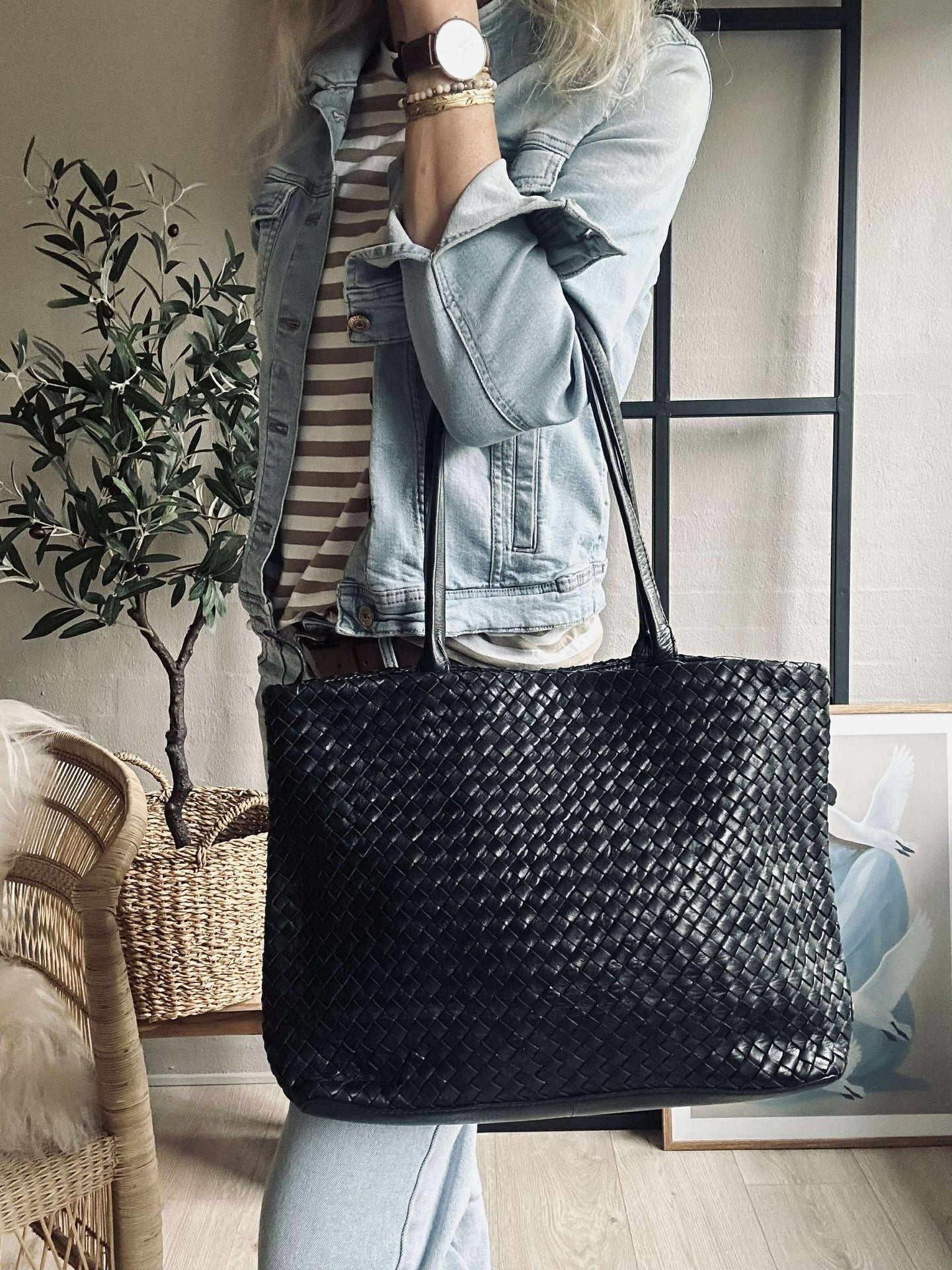 Shopper i flettet skinn - Black
