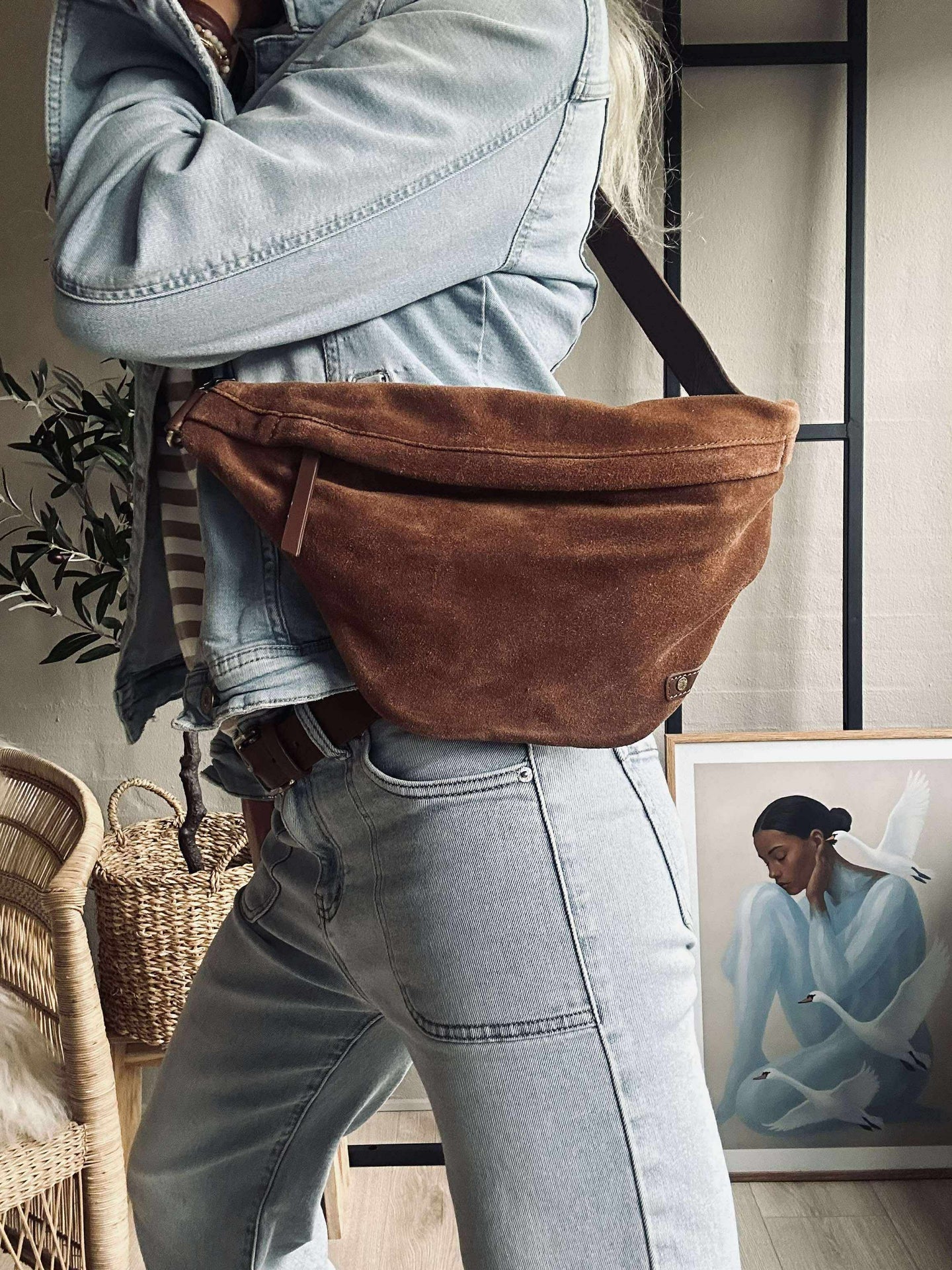 Vakker semsket skinn-bumbag - Cognac