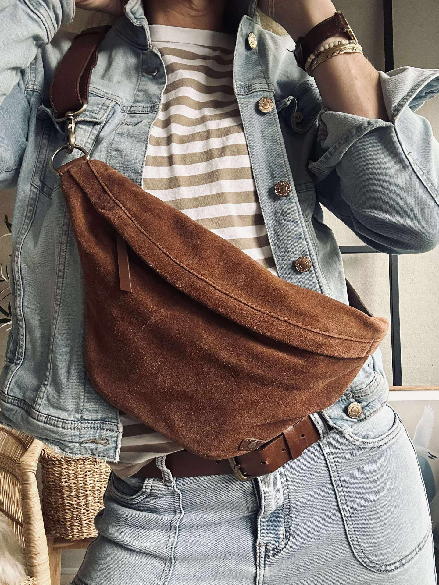 Vakker semsket skinn-bumbag - Cognac
