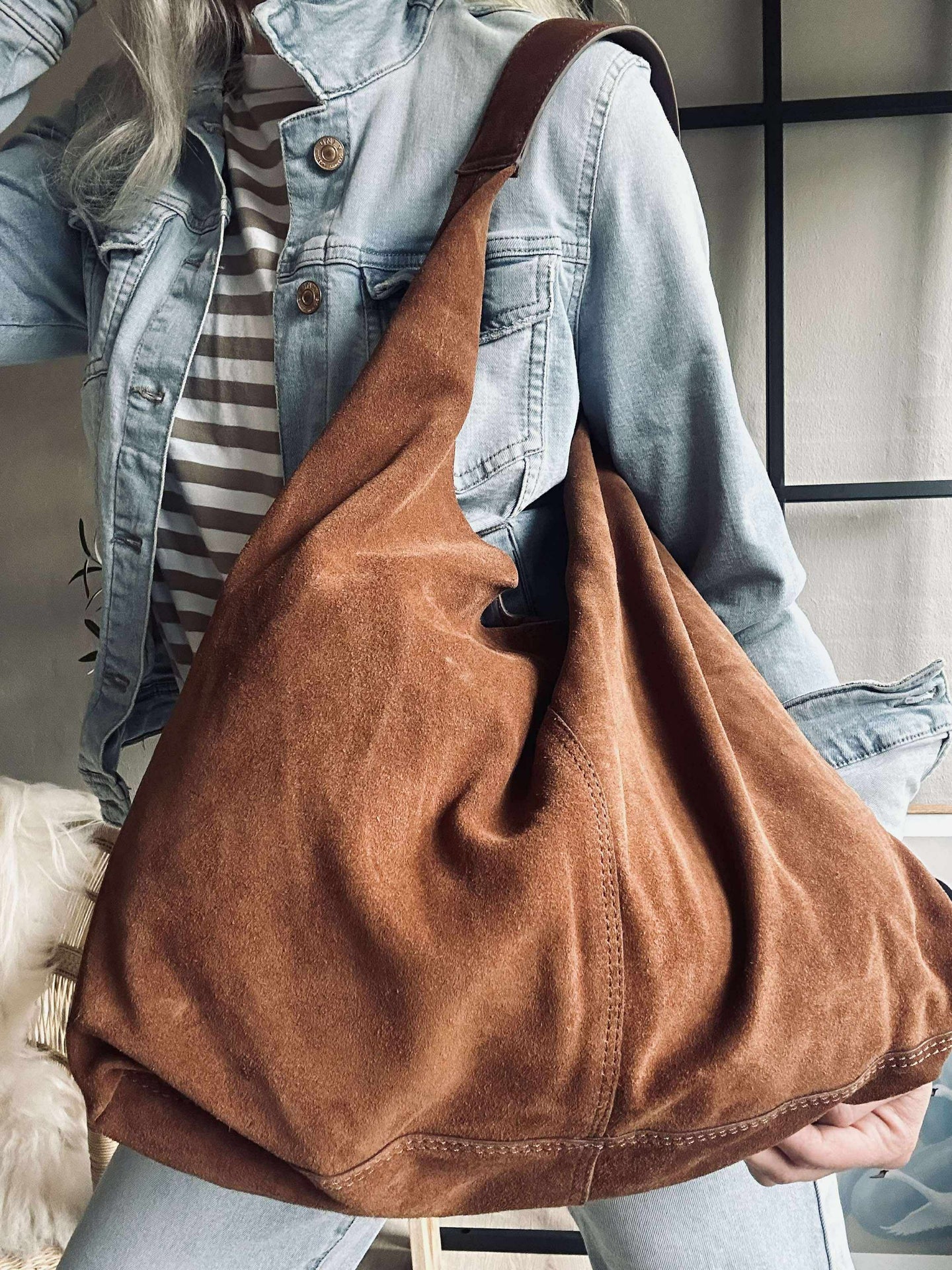 Shopper i mykt ruskinn - Cognac