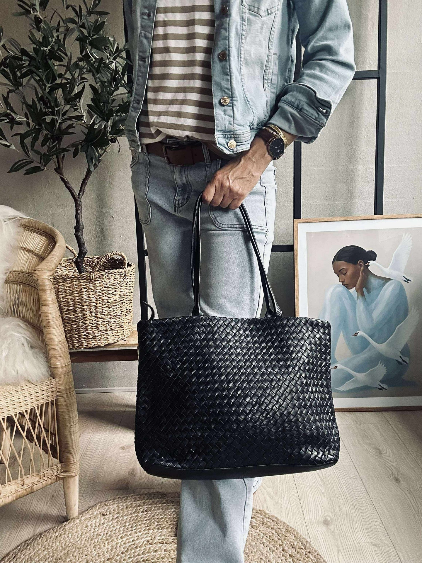 Shopper i flettet skinn - Black