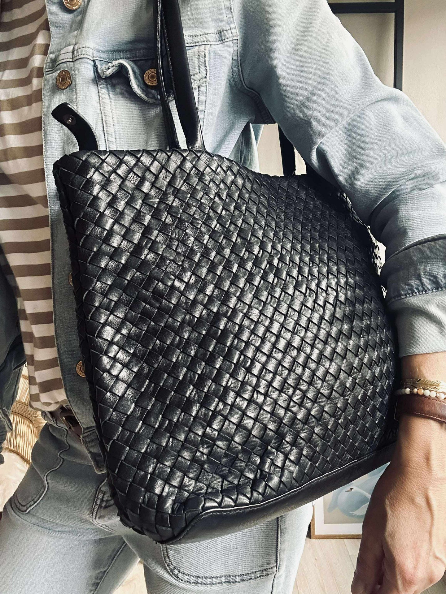 Shopper i flettet skinn - Black