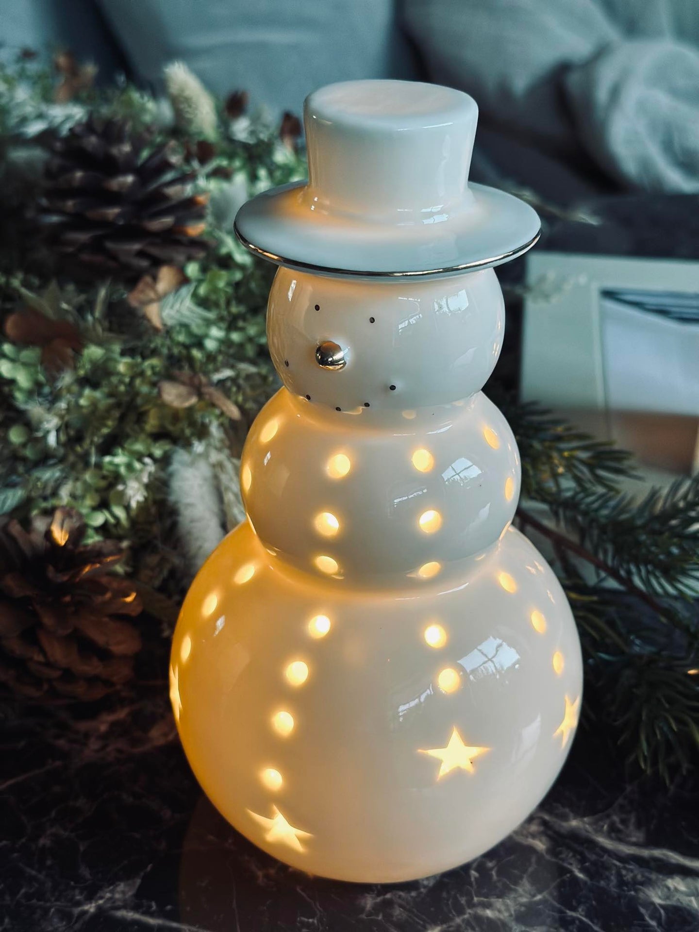 Snømann med LED-lys - Porselen