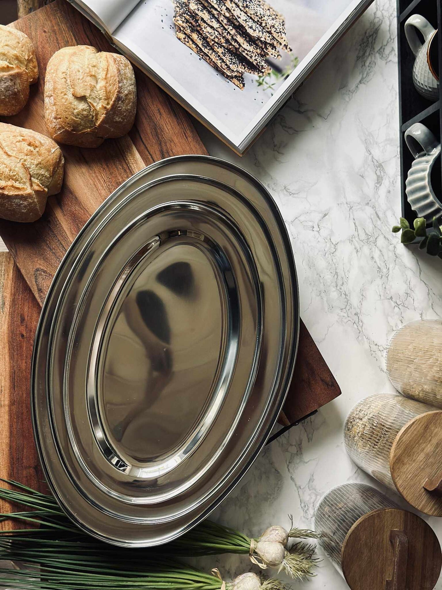 Ovalt brett i rustfritt stål - Sett med 3 stk.