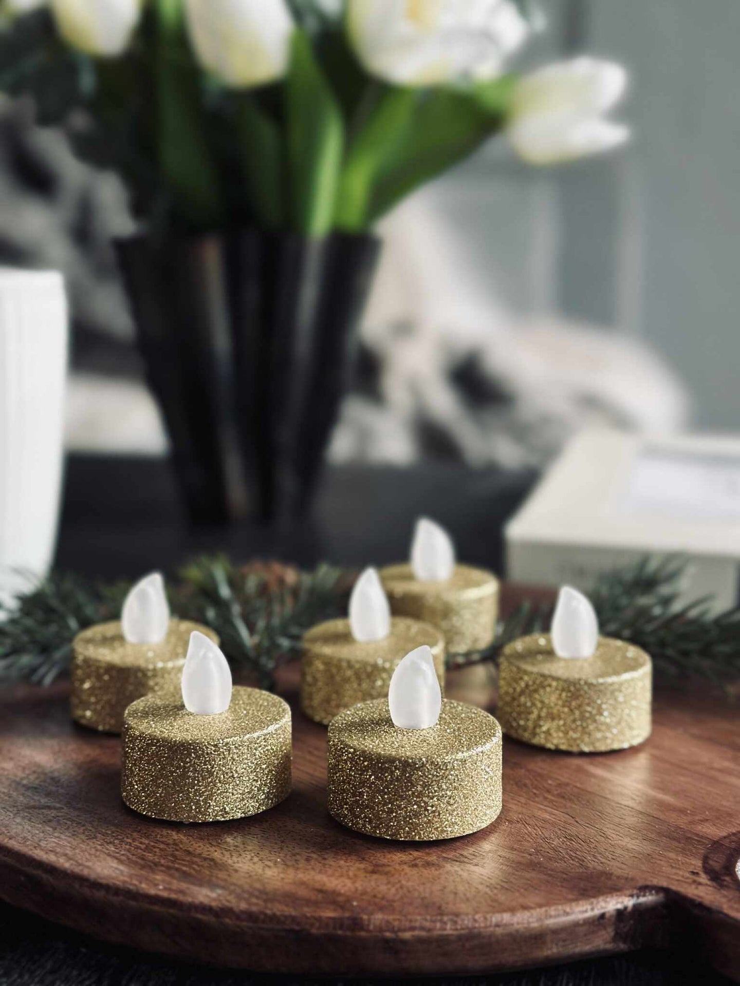 Telys med LED - Gullglitter 6 stk.