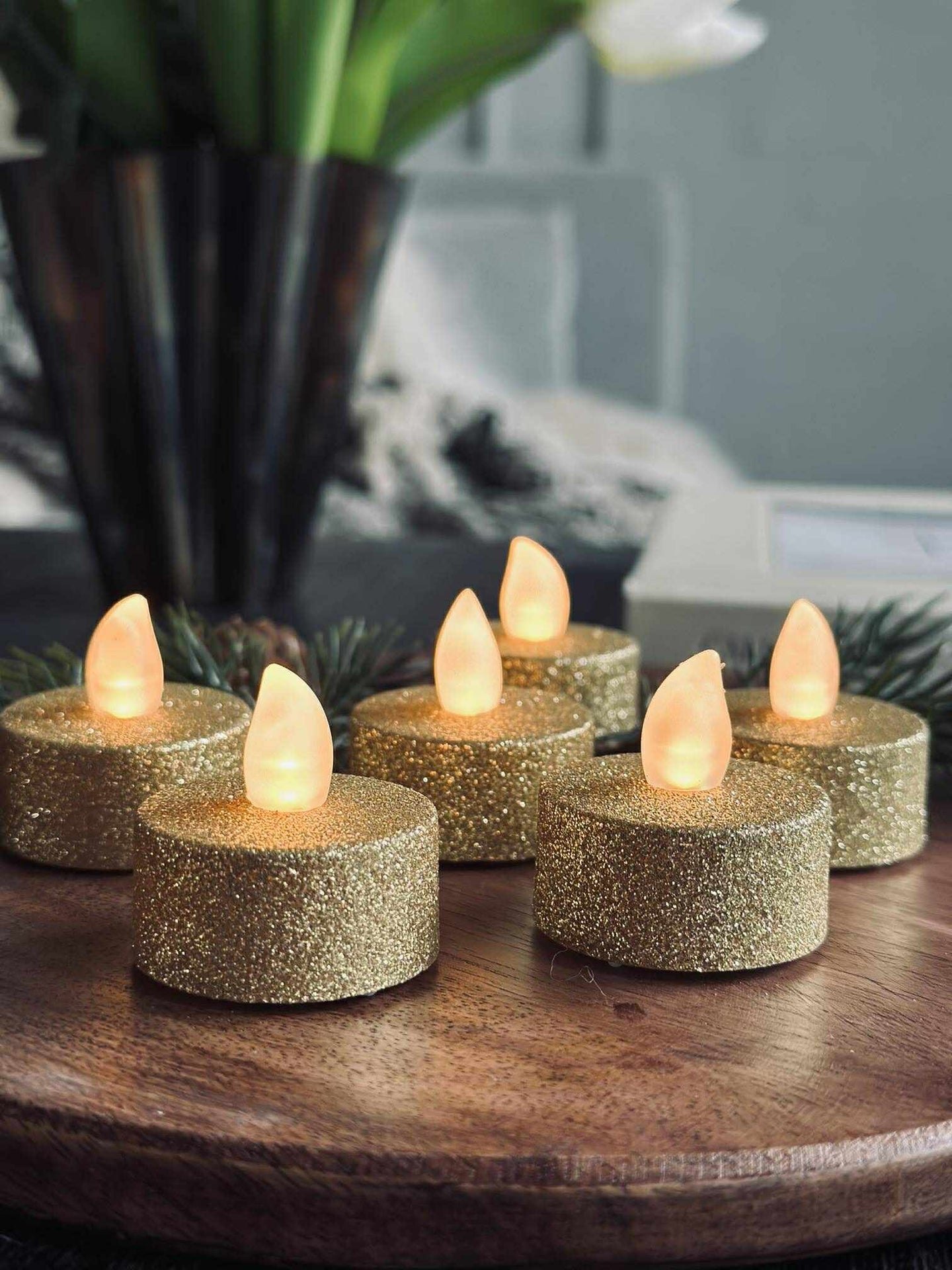 Telys med LED - Gullglitter 6 stk.