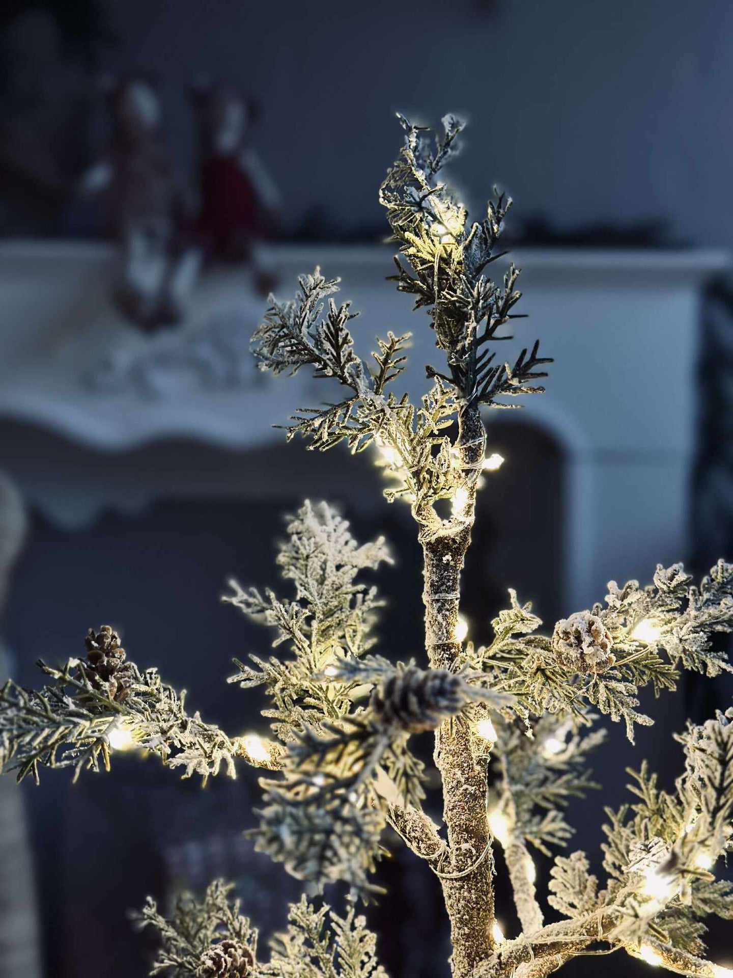 Treet med kongler og lyskjede