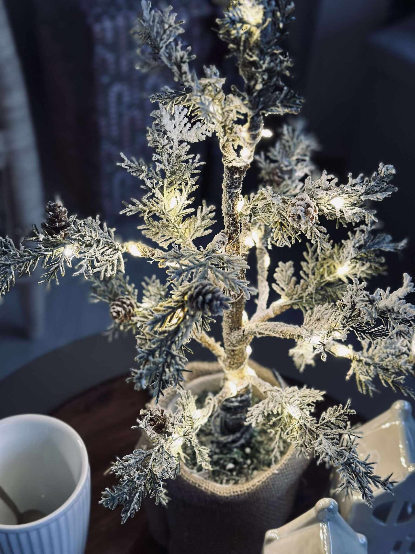 Treet med kongler og lyskjede